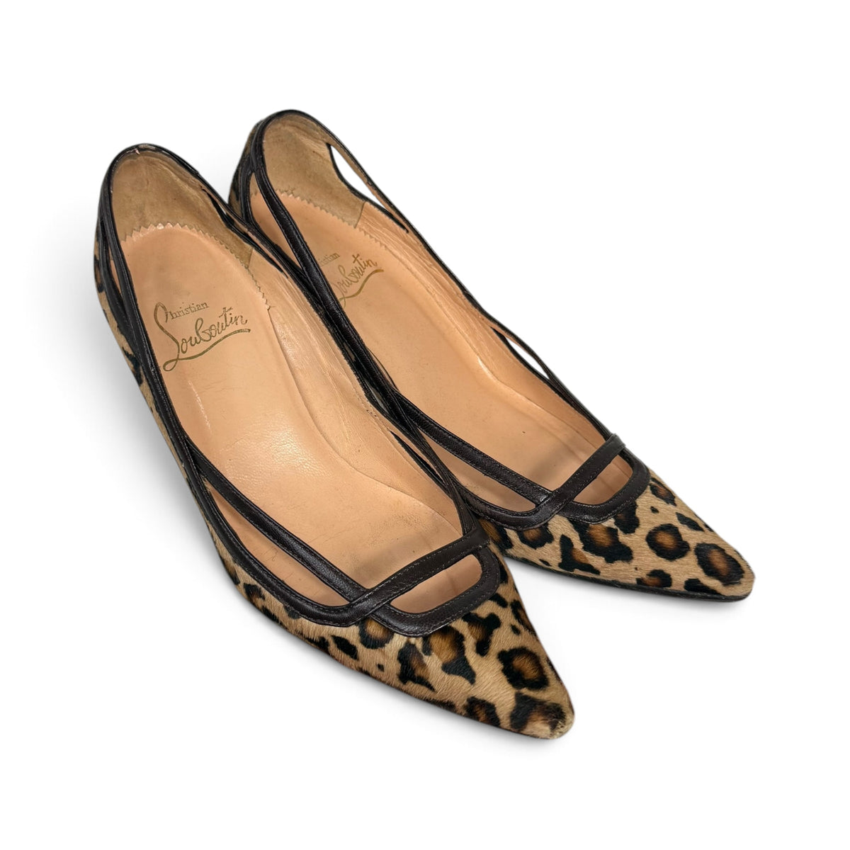 christian louboutin leopard print calf hair pointed toe kitten heel pumps with box + dust bag