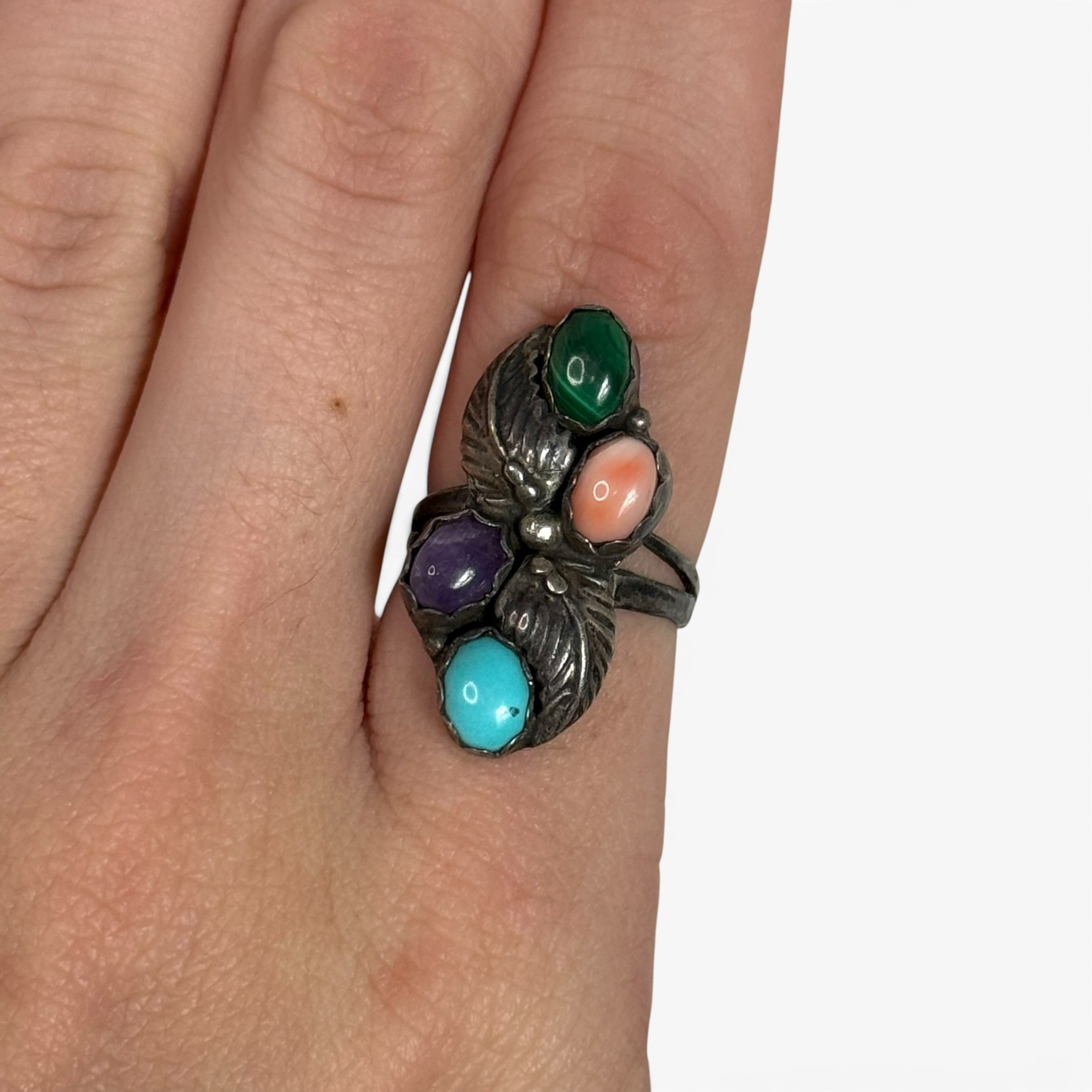 vintage navajo rb 925 sterling silver multi stone leaf cluster ring