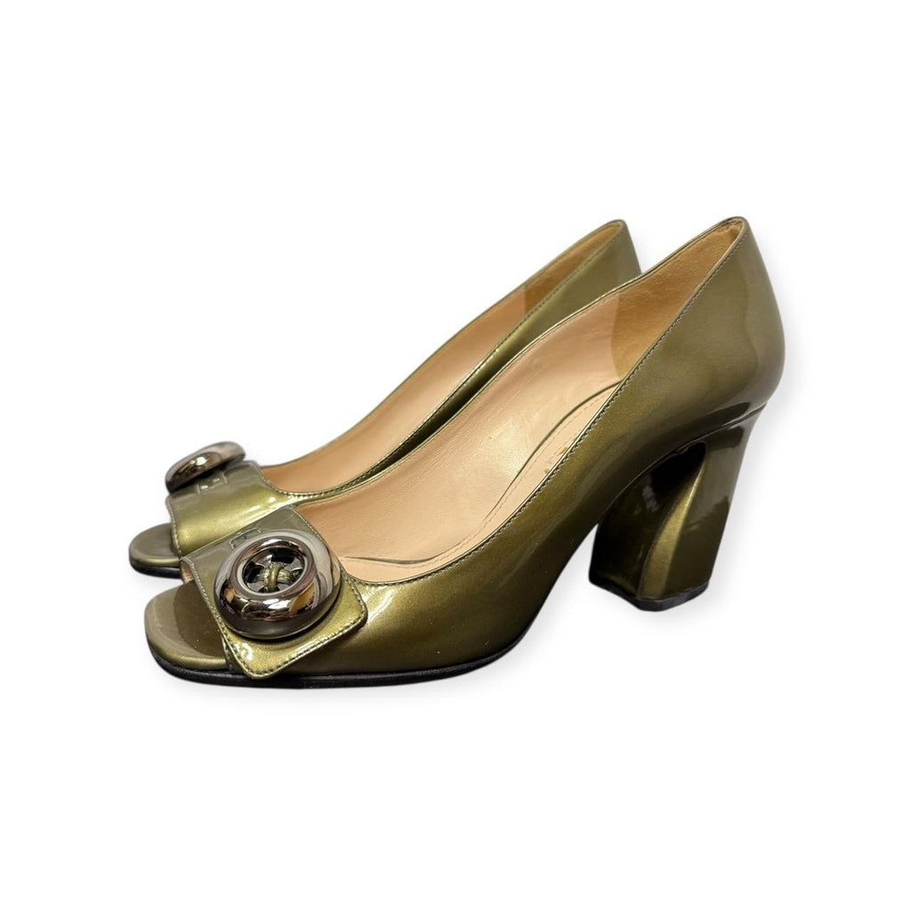 prada metallic green patent leather block heel button pumps