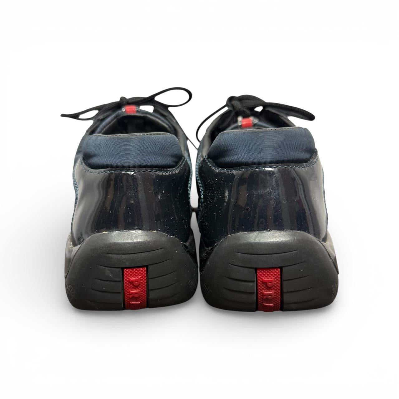 prada america’s cup navy blue patent leather sneakers