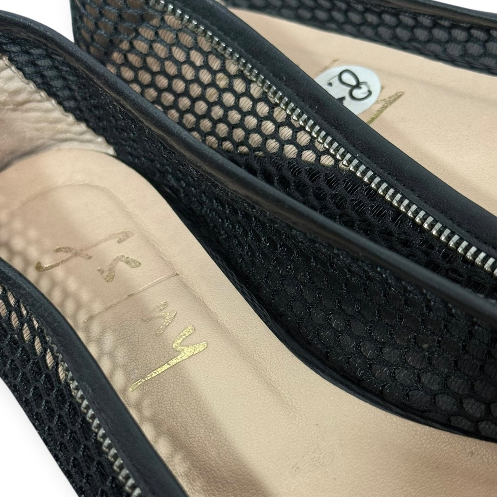 french sole black mesh & zipper leather cap toe ballet flats