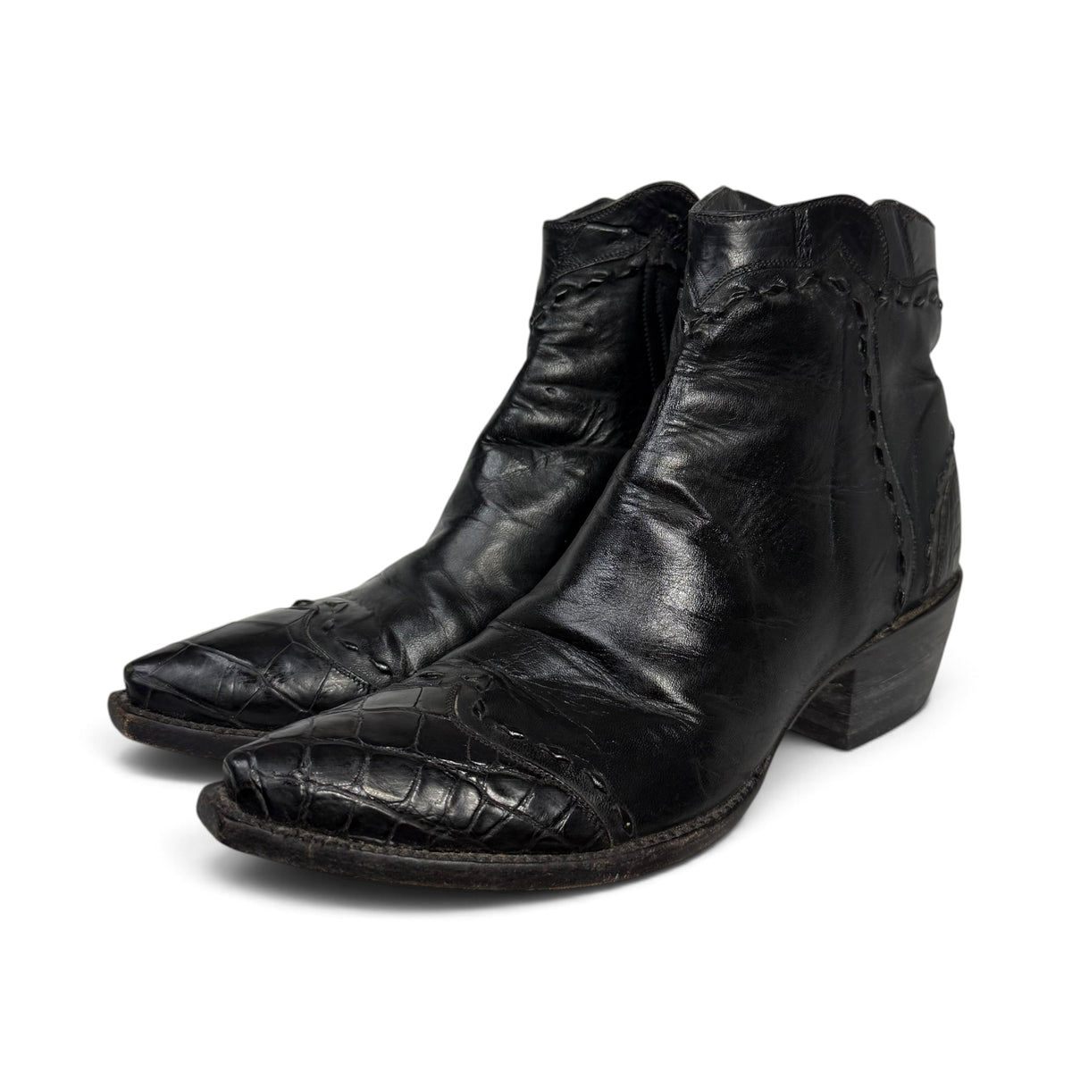 tres outlaws black leather alligator snip toe western ankle zorro boots