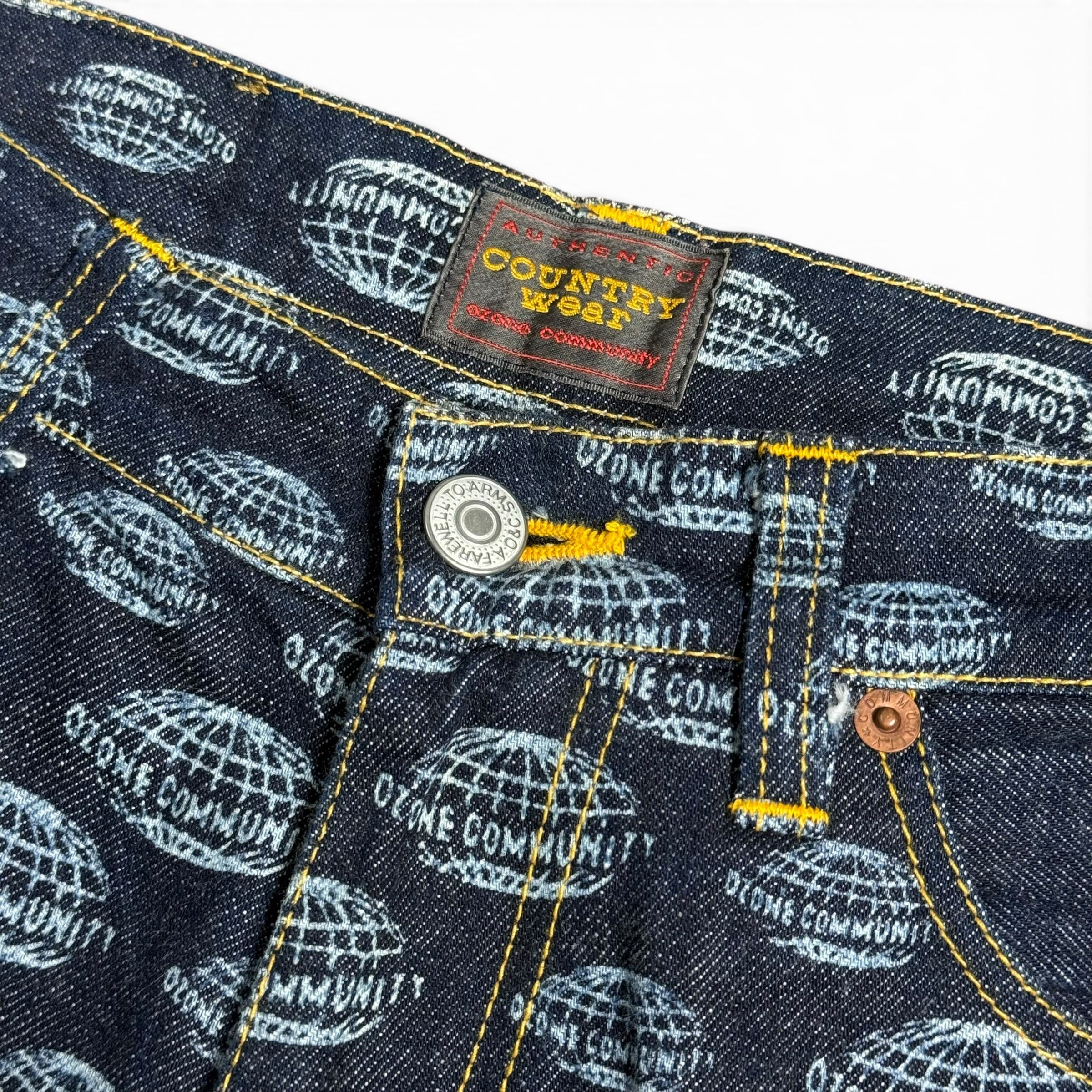 vintage ozone community all over print globe logo flared japanese denim