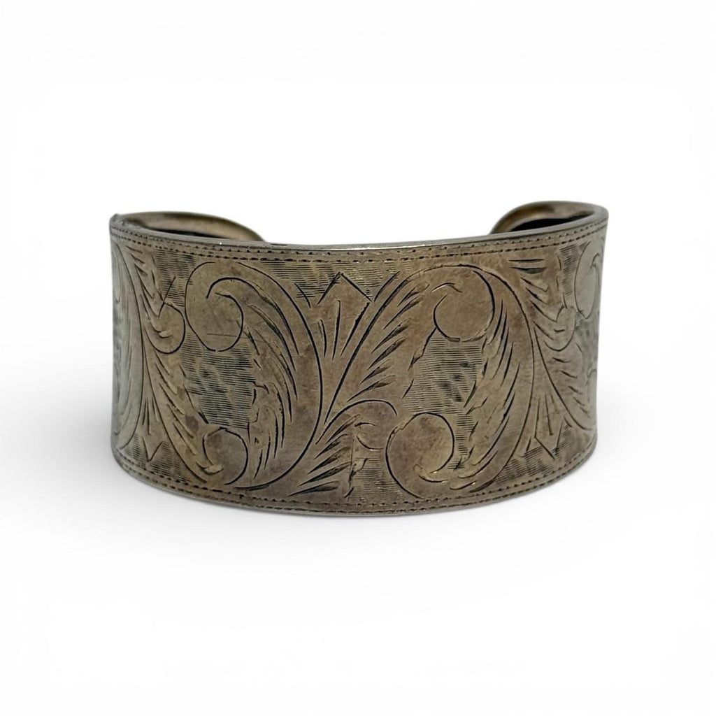 vintage diamond cut engraved sterling silver cuff bracelet