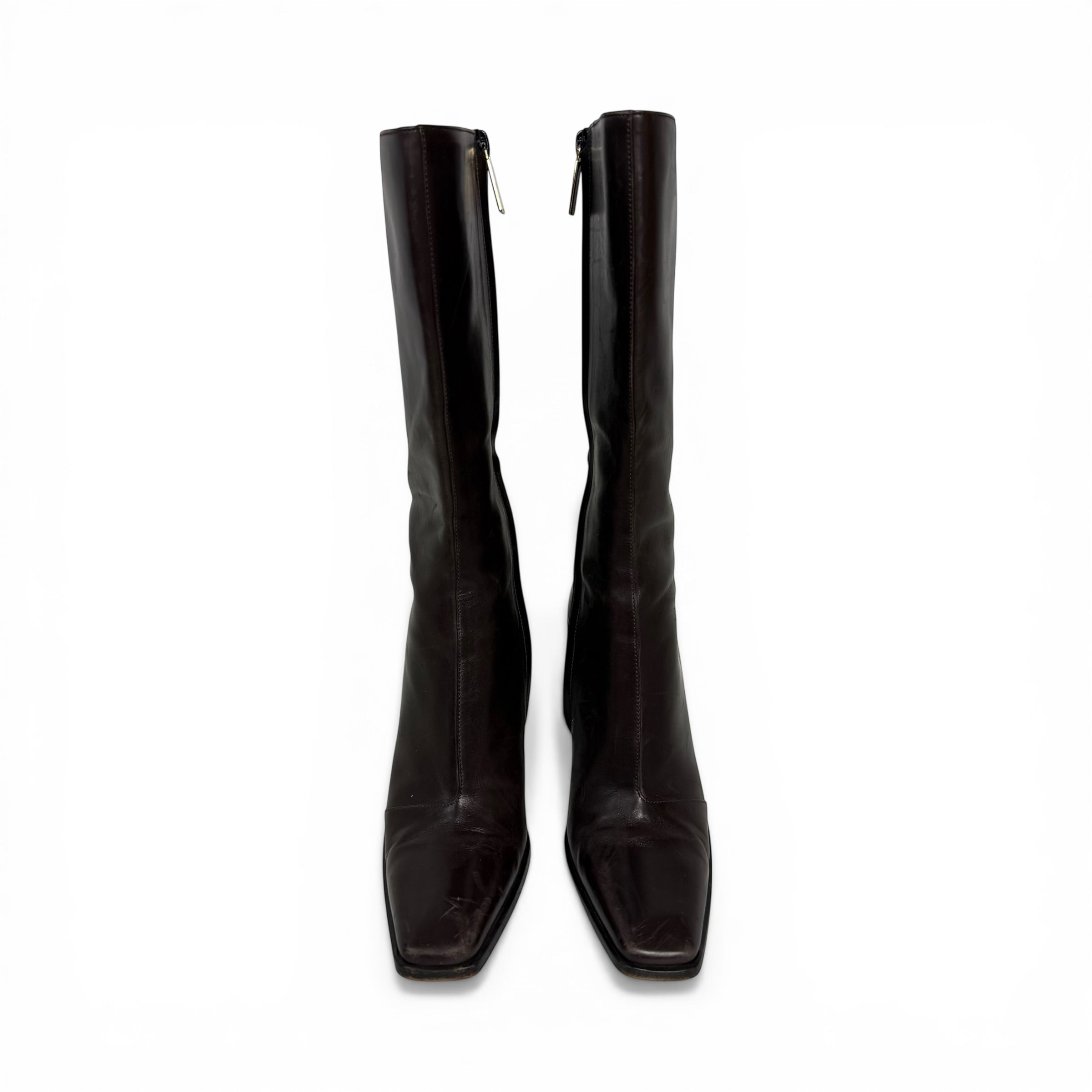 vintage gucci tom ford era distressed dark brown leather square toe boots