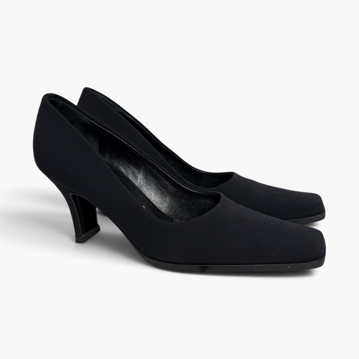 vintage 1990s prada black tessuto nylon square toe block heel pumps