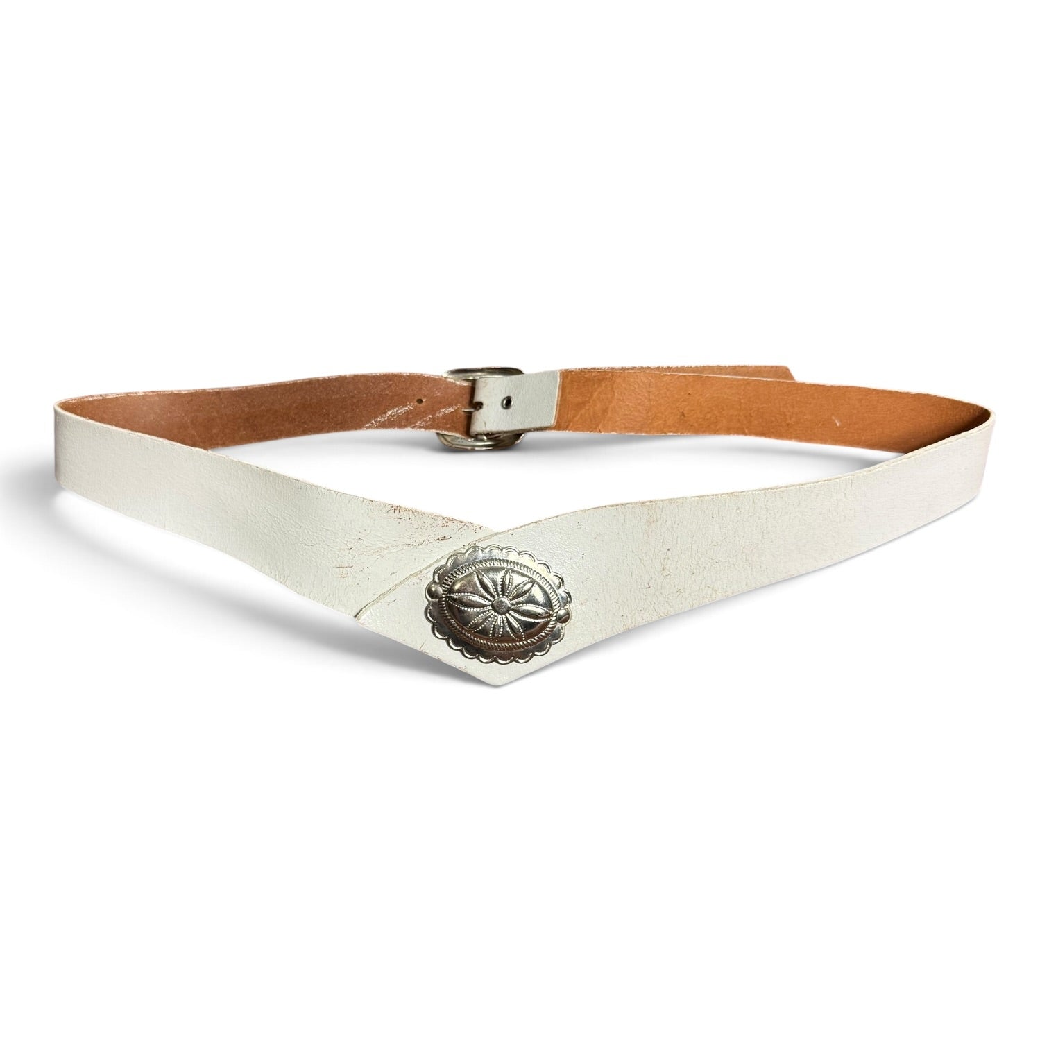 vintage 80s white leather v shape dip waist western concho belt