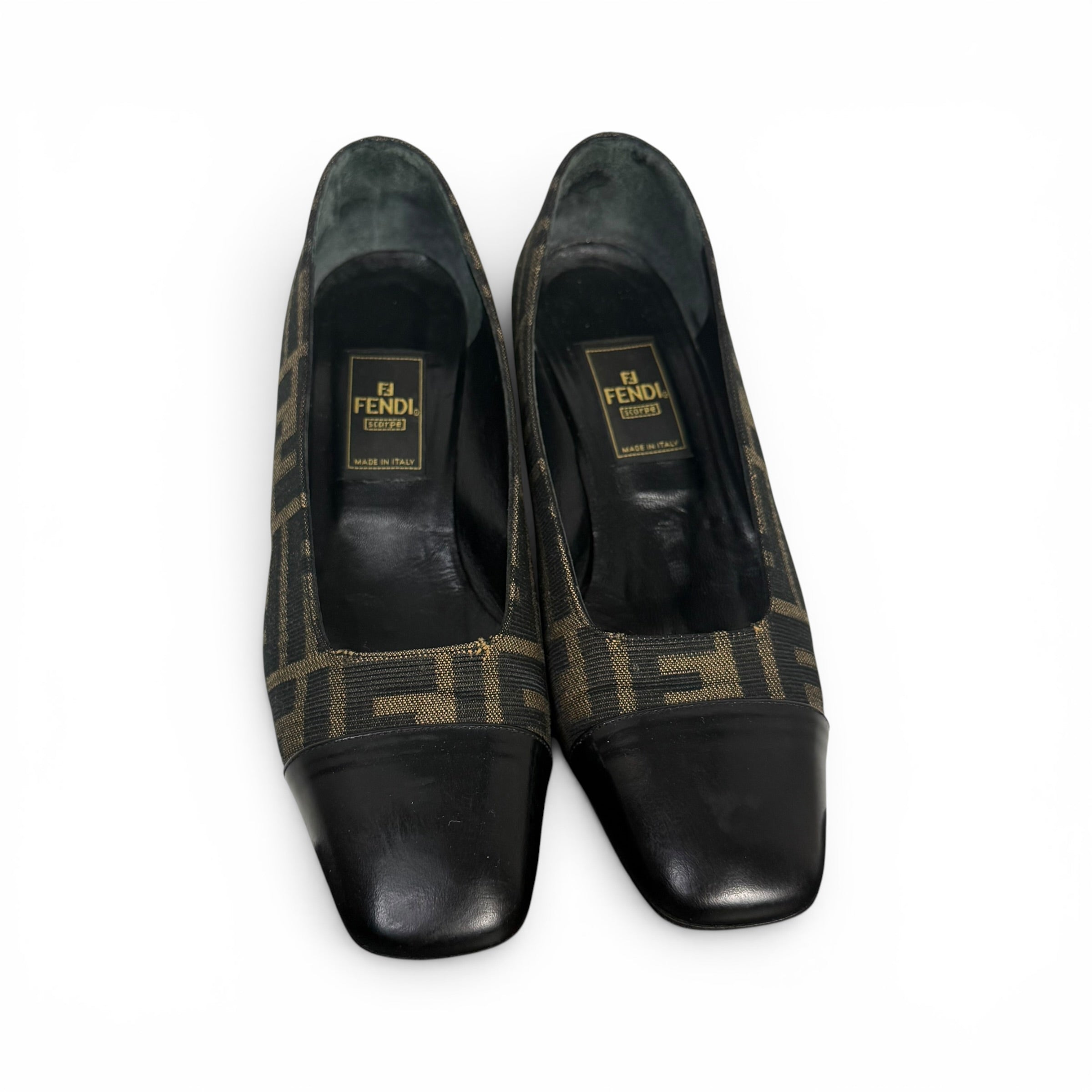 vintage fendi zucca monogram canvas + black leather cap toe block heel pumps