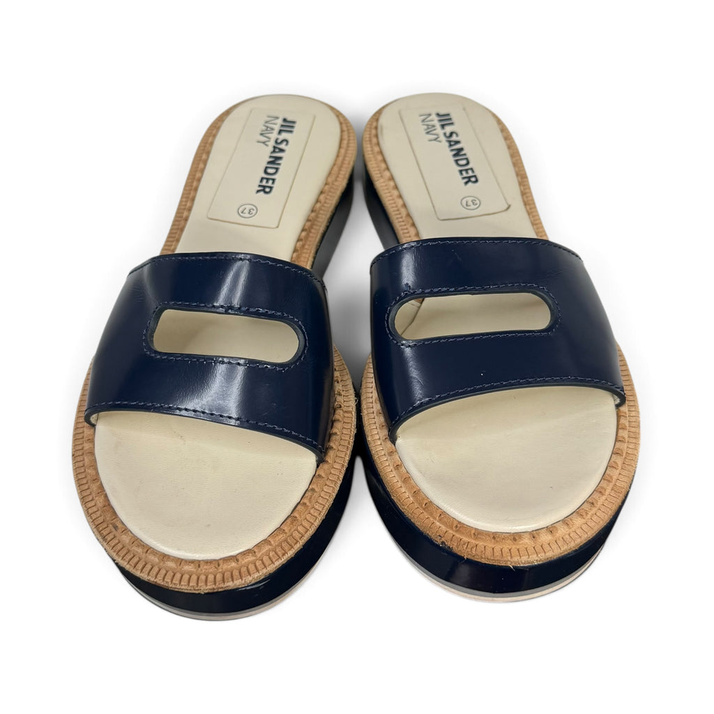 jil sander navy blue leather cutout platform slide sandals