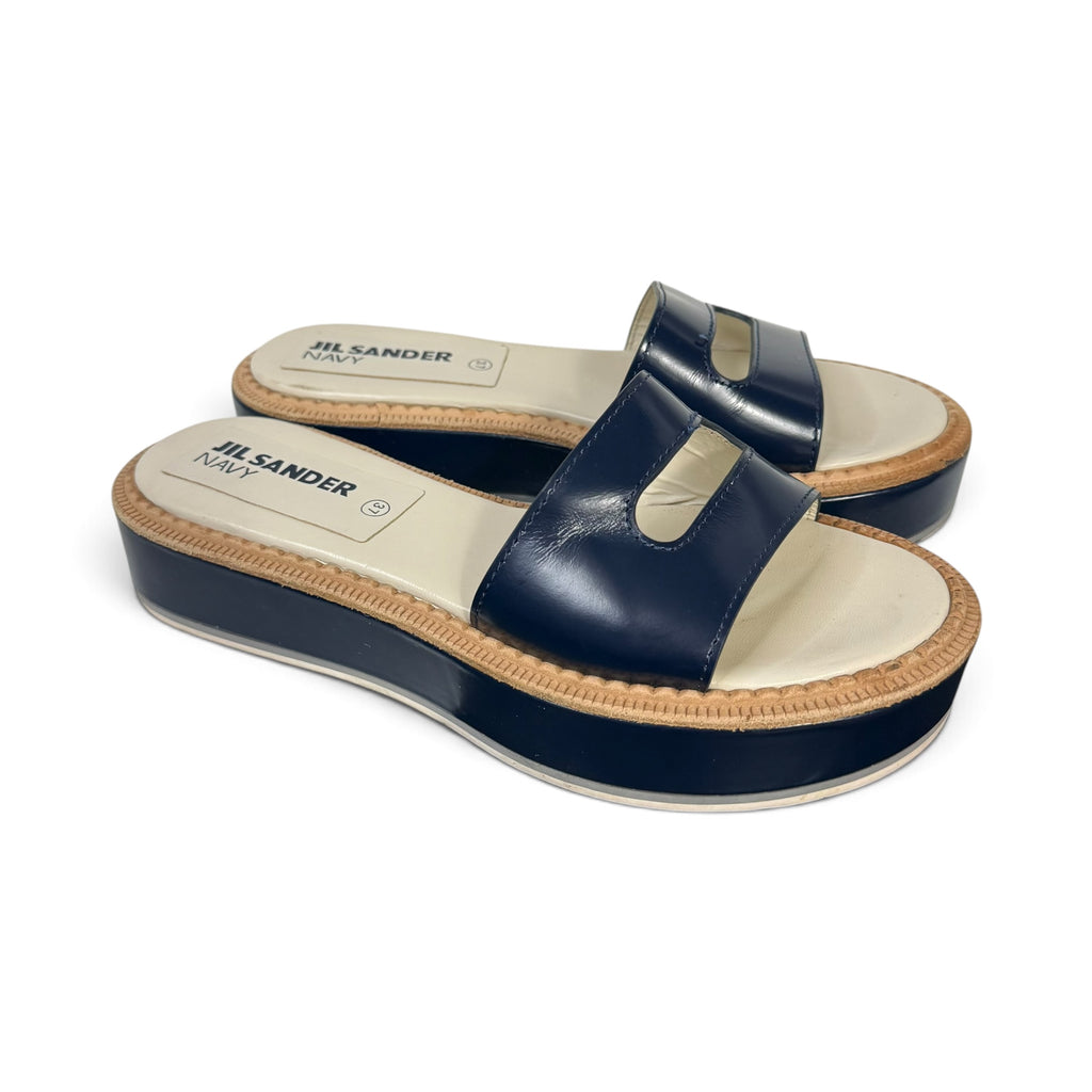 jil sander navy blue leather cutout platform slide sandals
