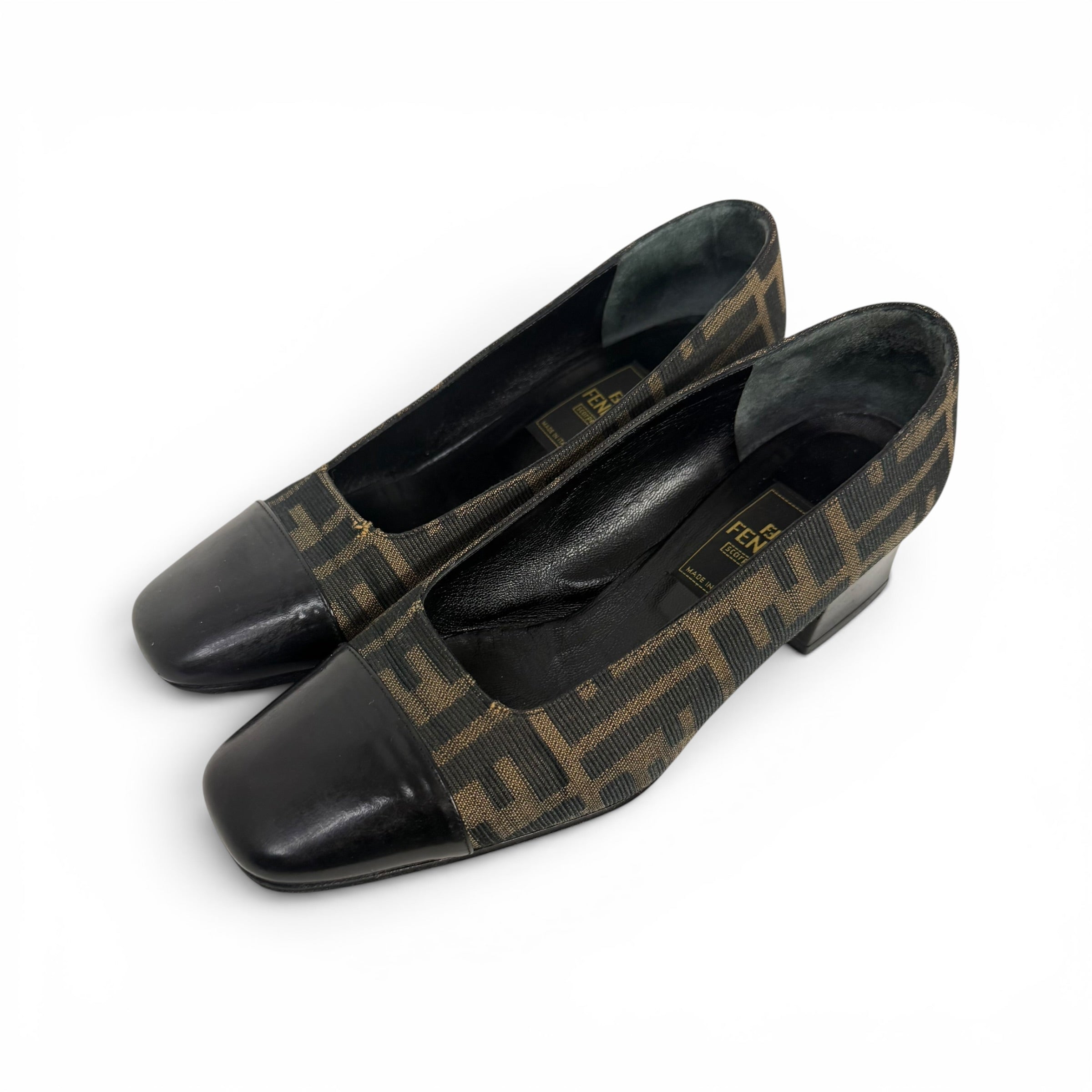 vintage fendi zucca monogram canvas + black leather cap toe block heel pumps
