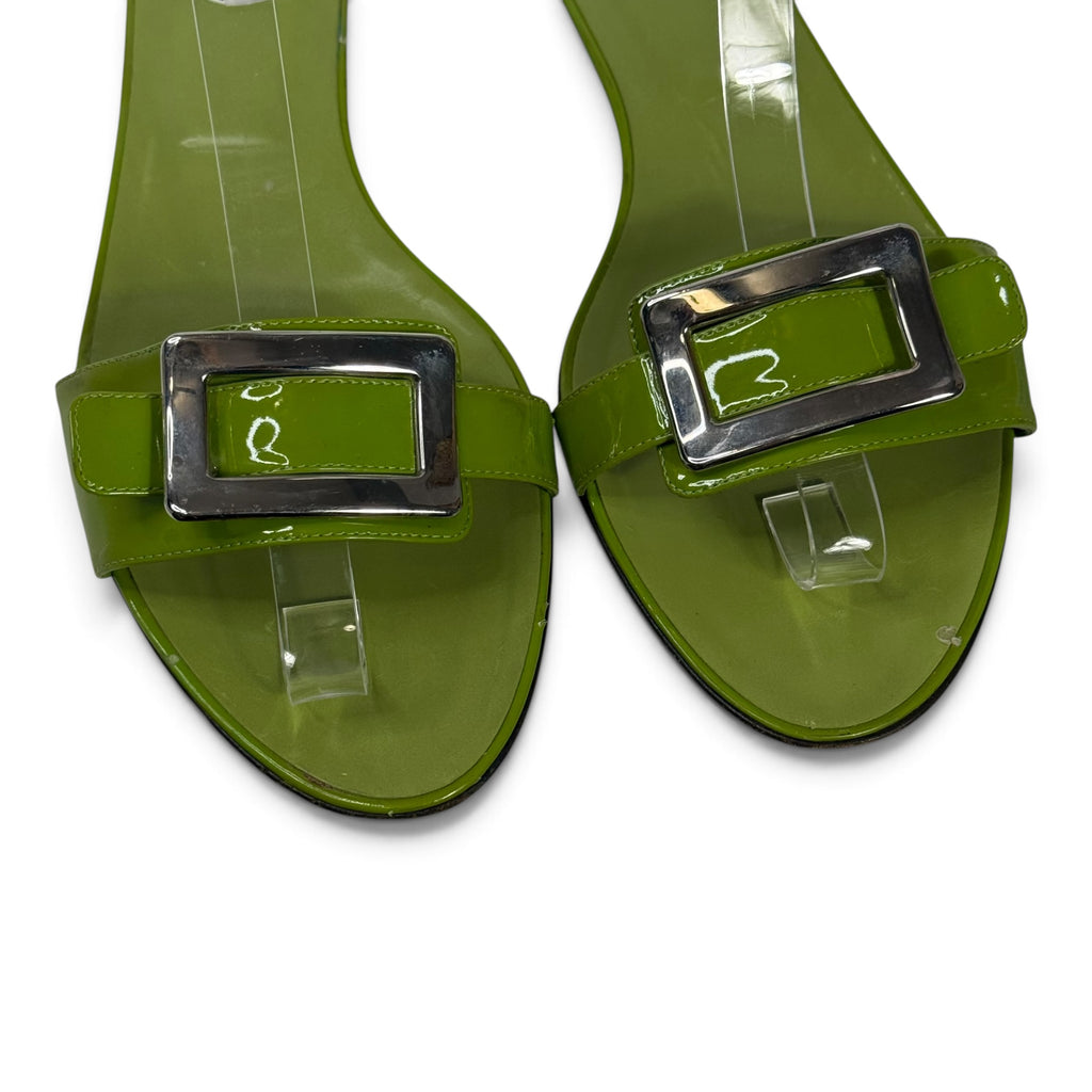 roger vivier green patent leather silver buckle slide sandals