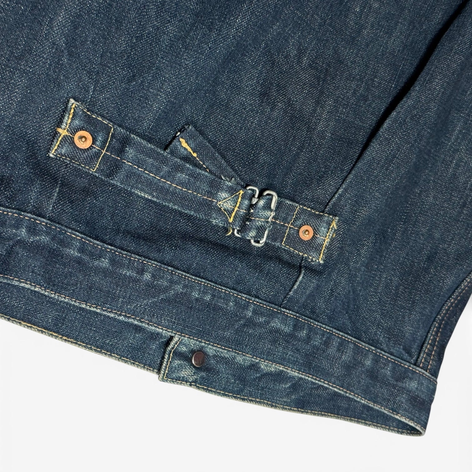 vintage tabloid type 1 style buckle back dark indigo selvedge denim jacket