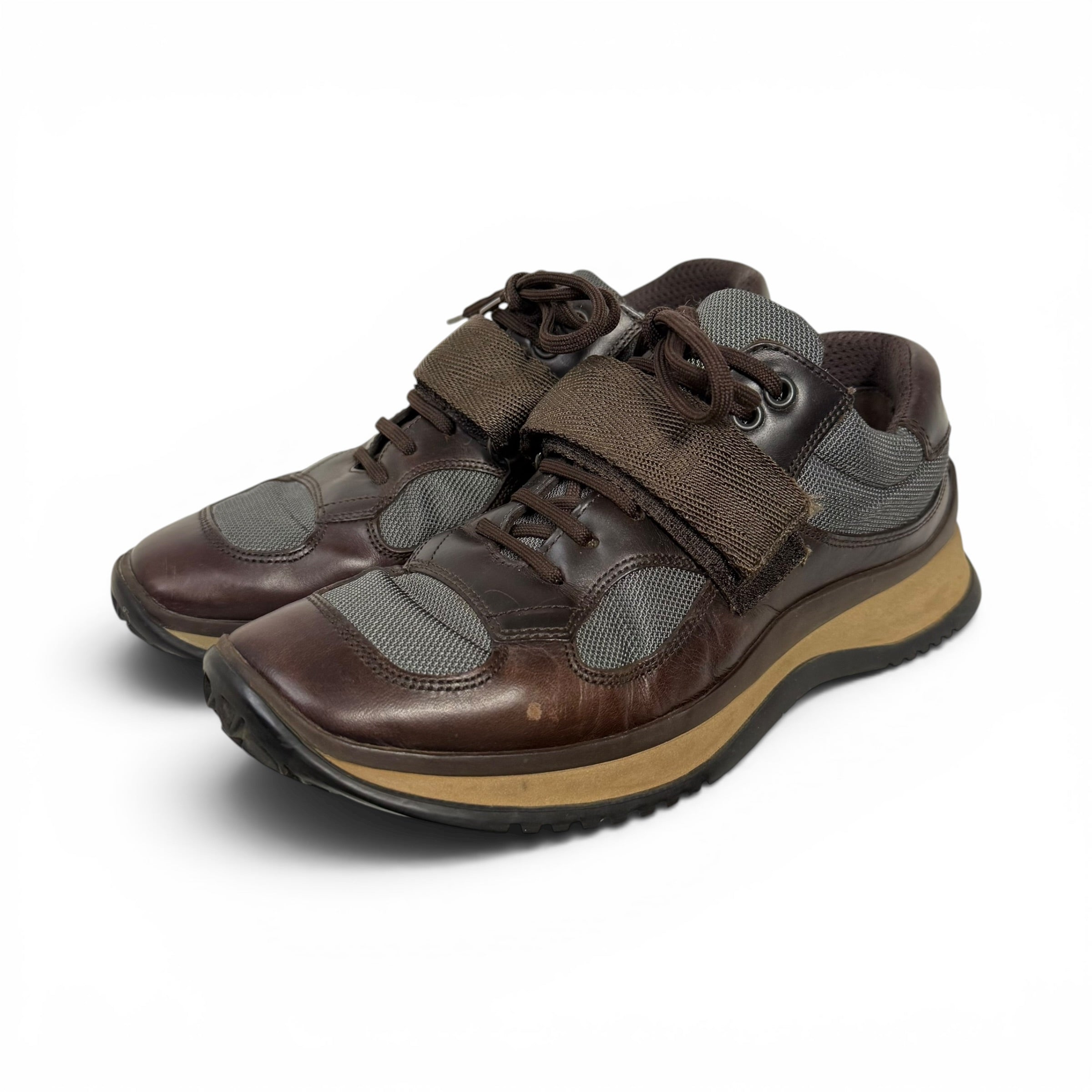vintage prada americas cup line rosso dark brown leather low top sneakers