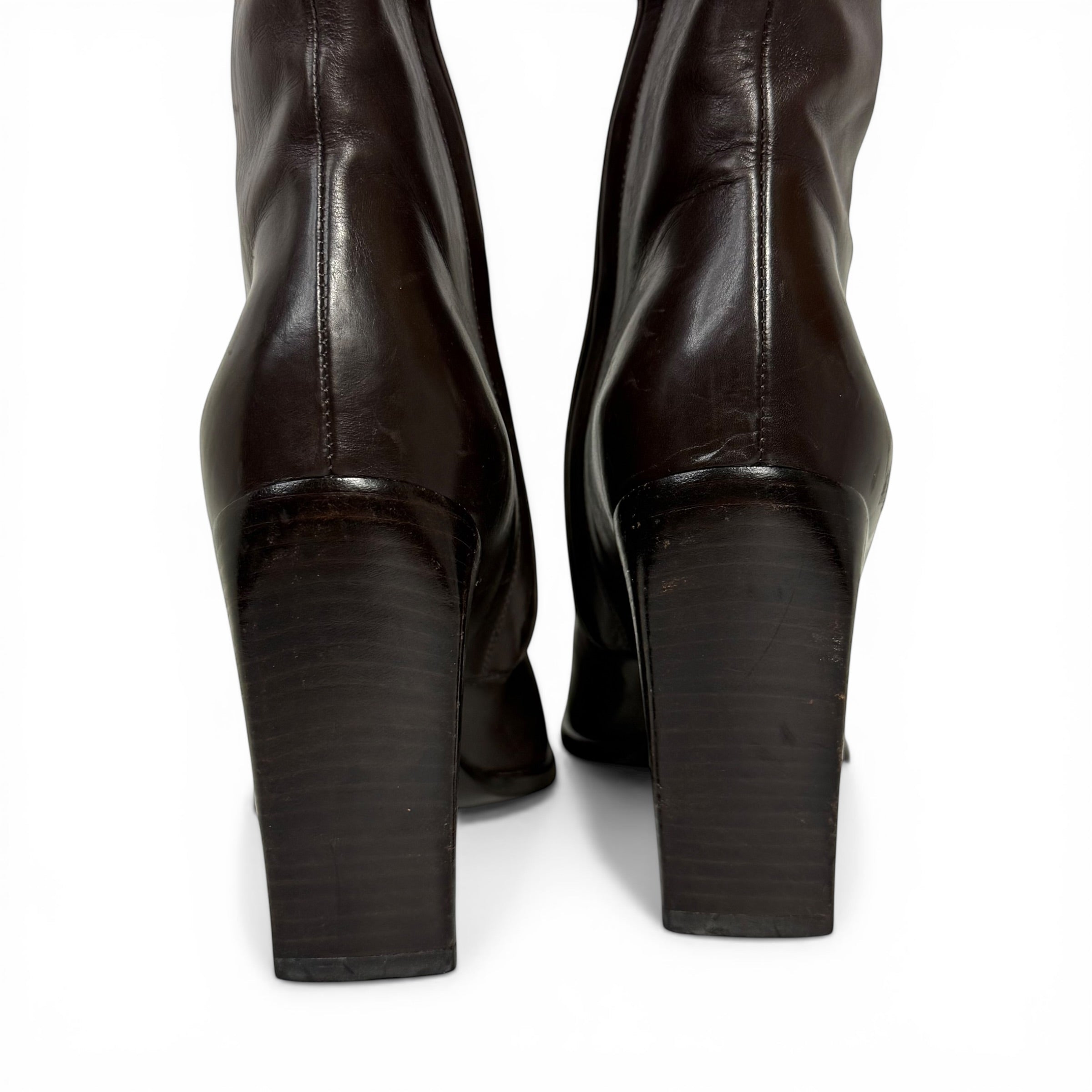vintage gucci tom ford era distressed dark brown leather square toe boots