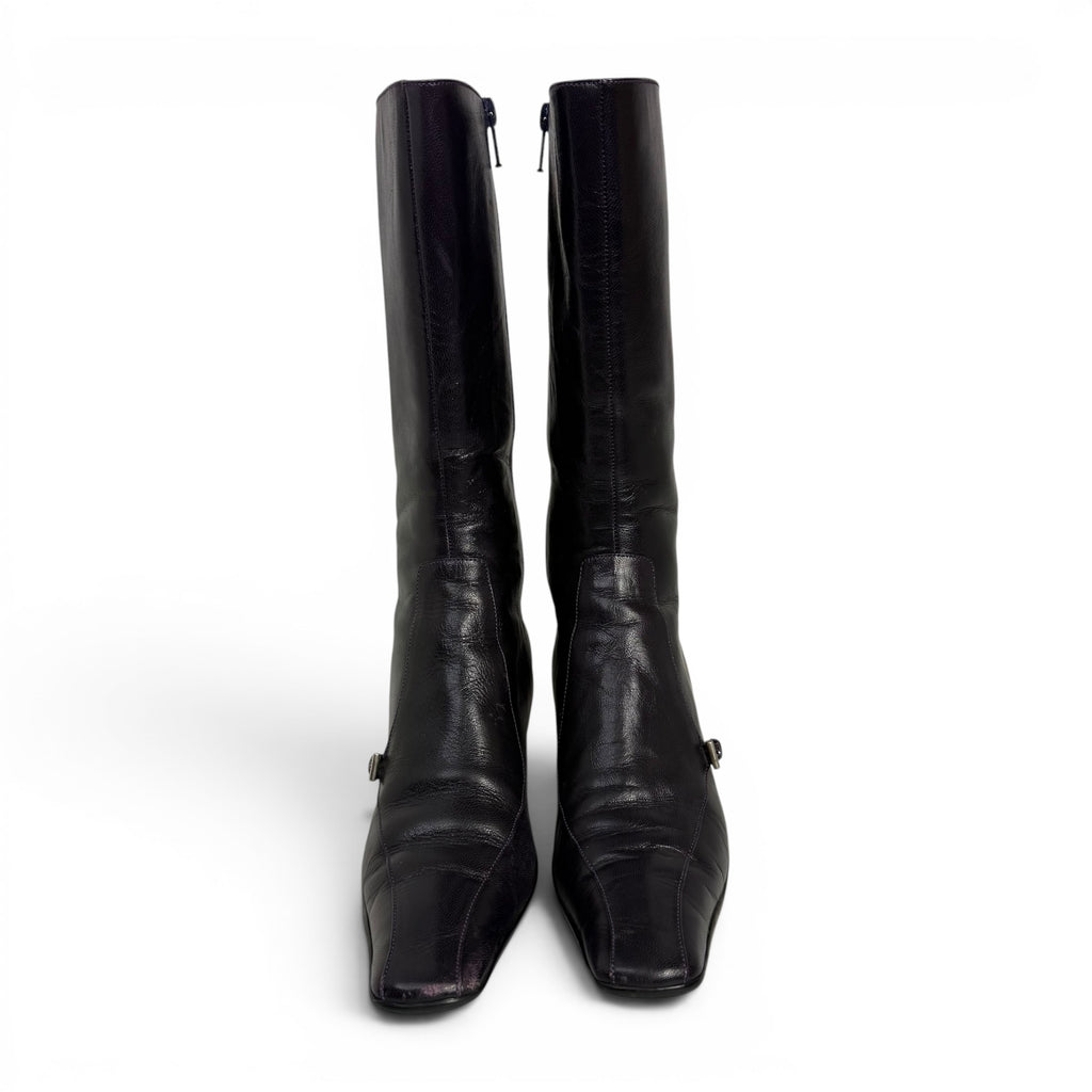 vintage prada square toe dark purple leather mid calf boots