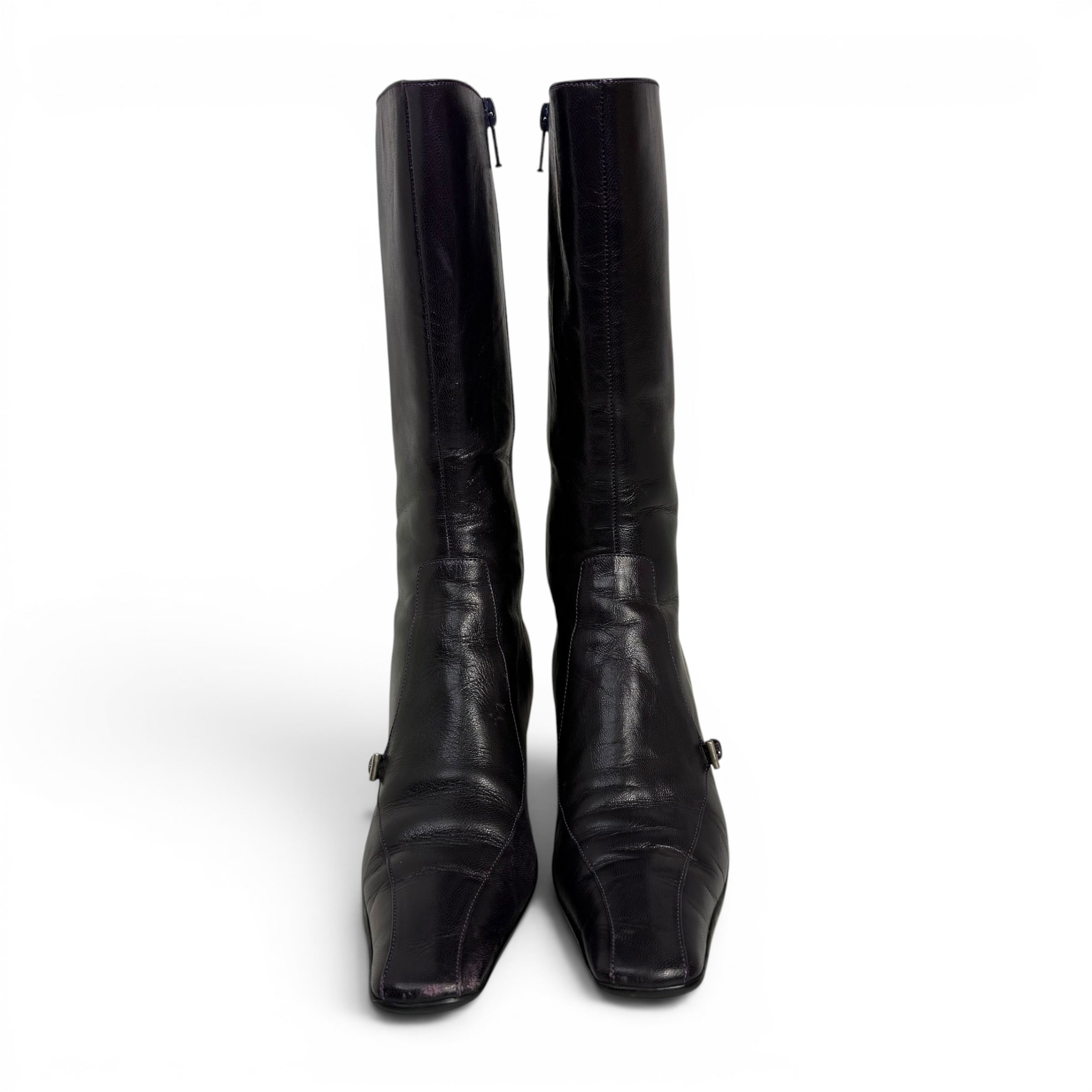 vintage prada square toe dark purple leather mid calf boots