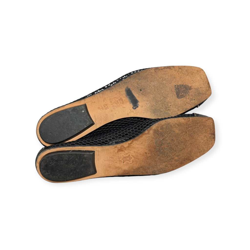 french sole black mesh & zipper leather cap toe ballet flats