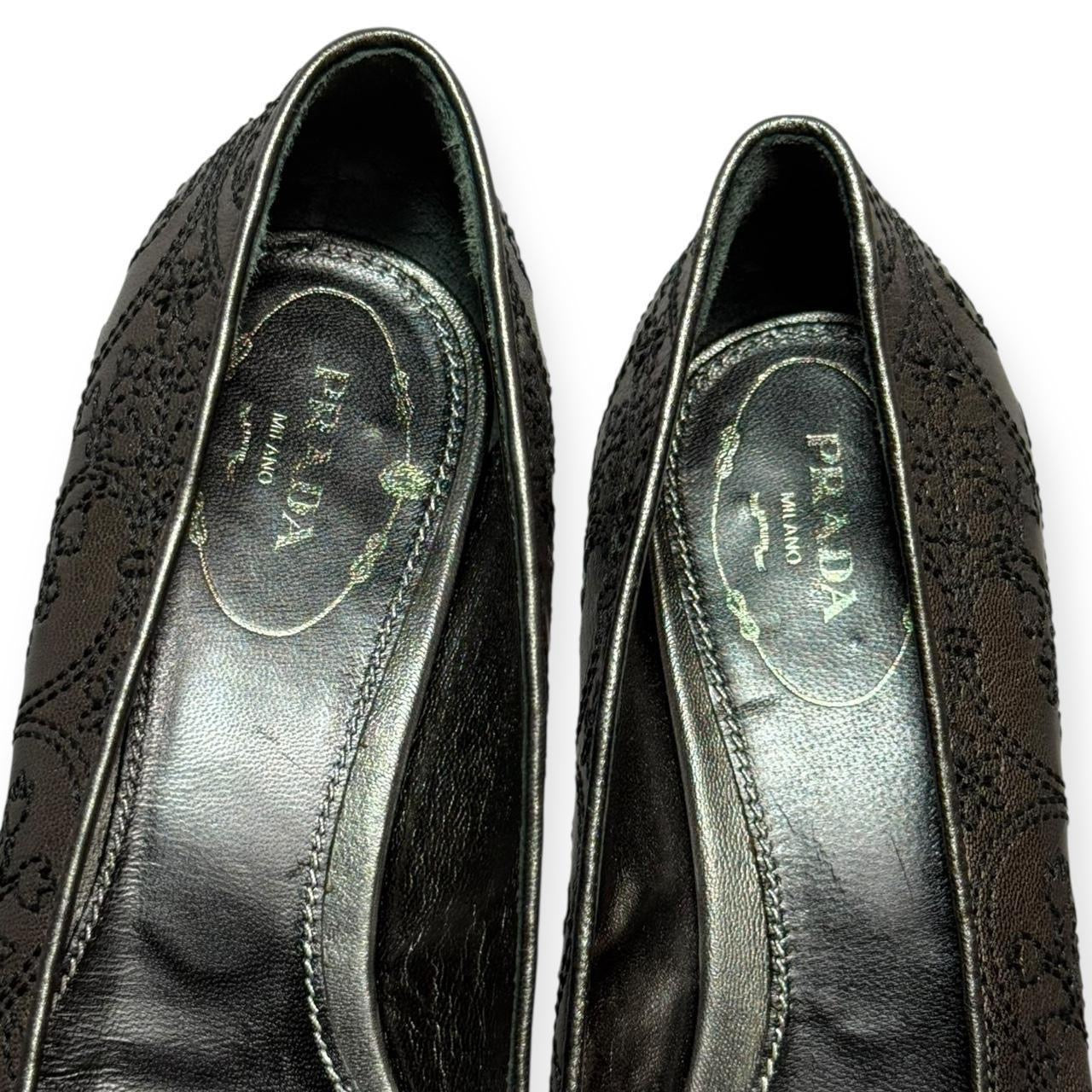 prada embroidered floral pointed toe ballet flats