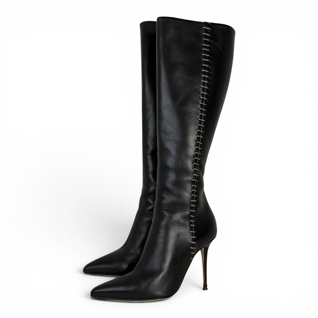 manolo blahnik takala black leather knee high boots with stitch detailing