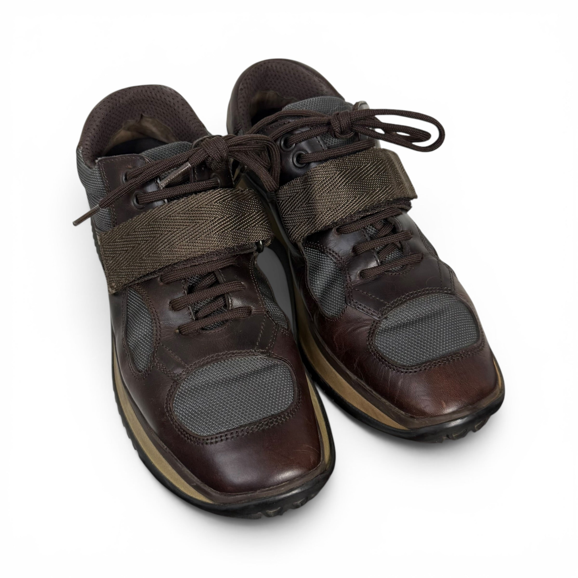 vintage prada americas cup line rosso dark brown leather low top sneakers