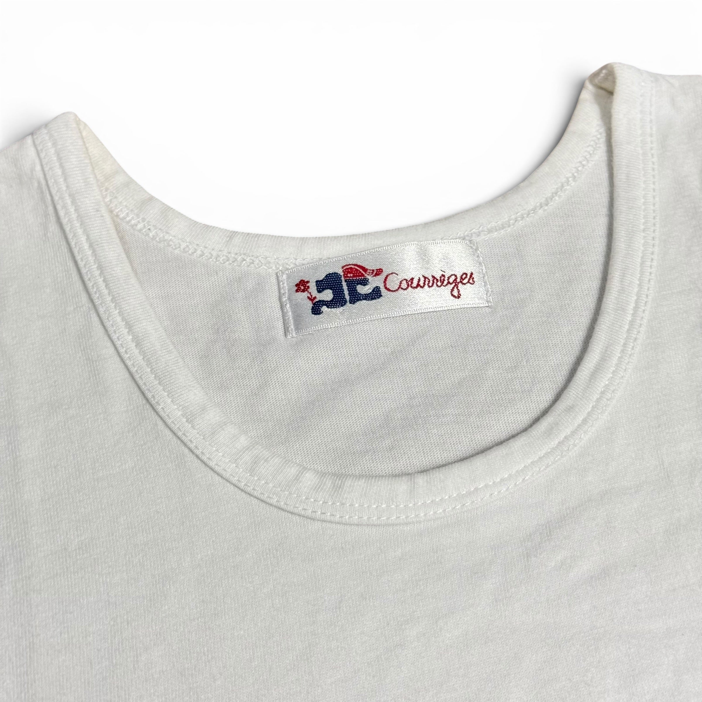 vintage 2000s courrèges paris white tank top with glittery gold spellout