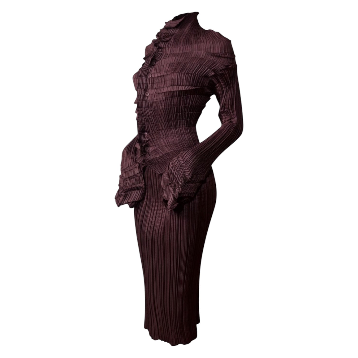 vintage issey miyake mainline sculptural accordion pleated top & skirt set in wine