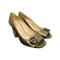 prada metallic green patent leather block heel button pumps