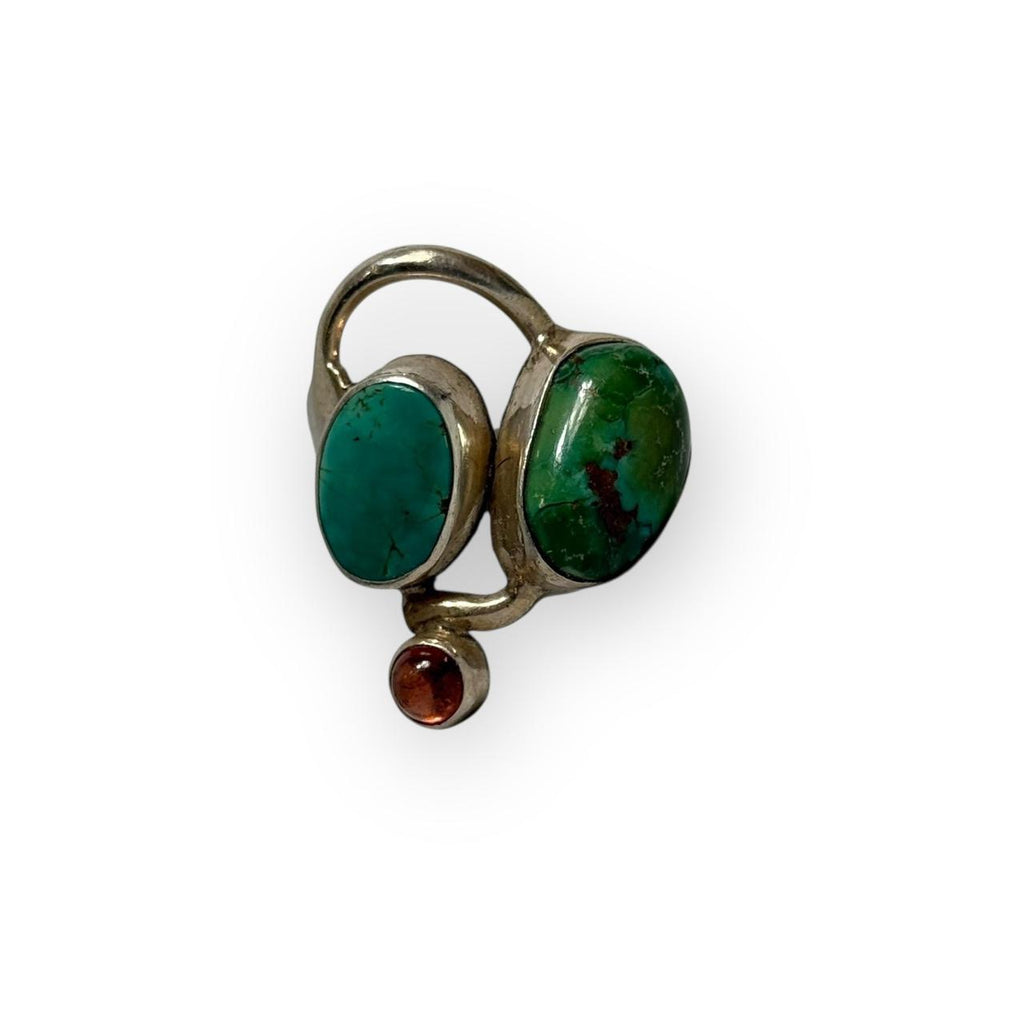 vintage artisanal sterling silver turquoise & garnet multi stone asymmetrical ring