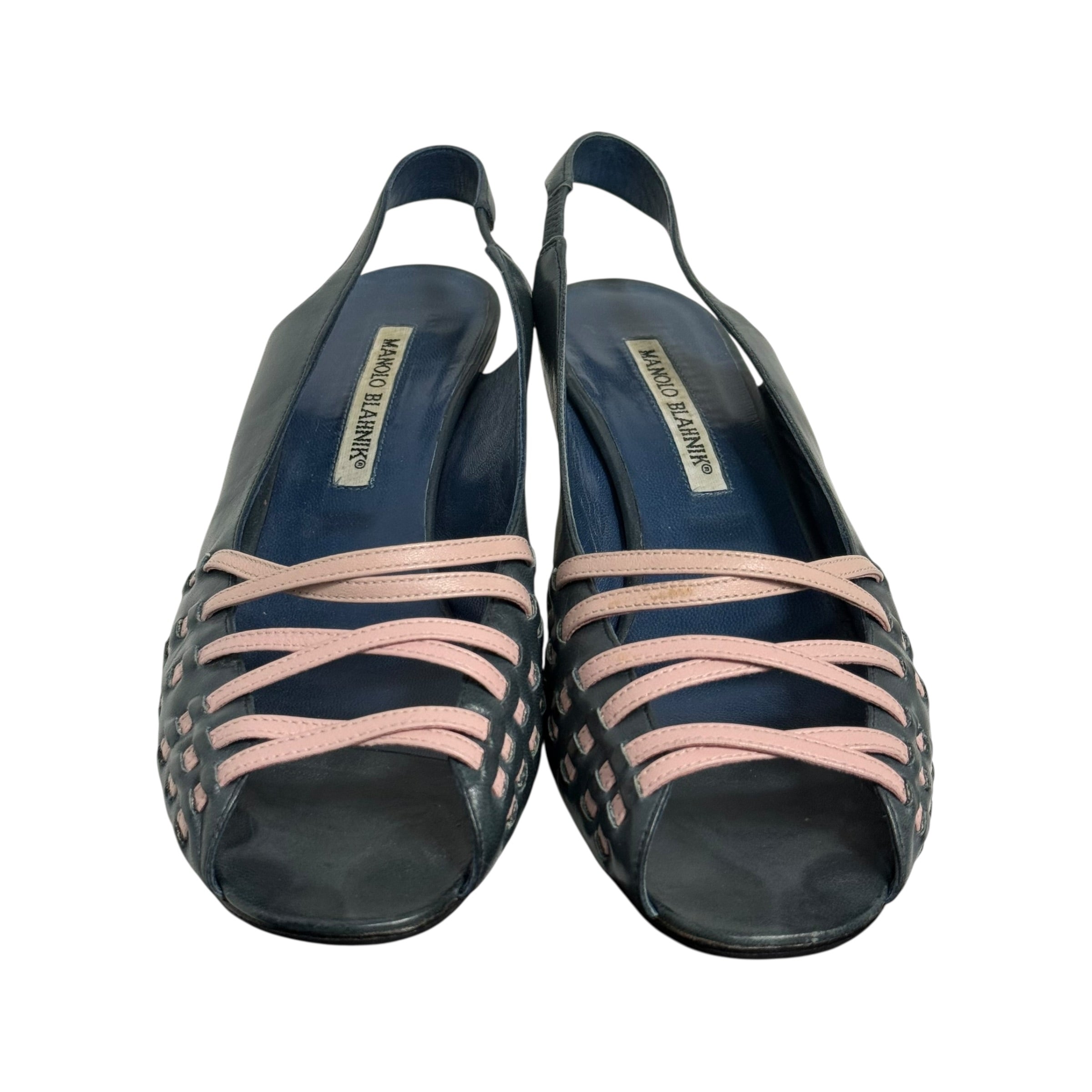 vintage manolo blahnik navy blue & pink caged kitten heels