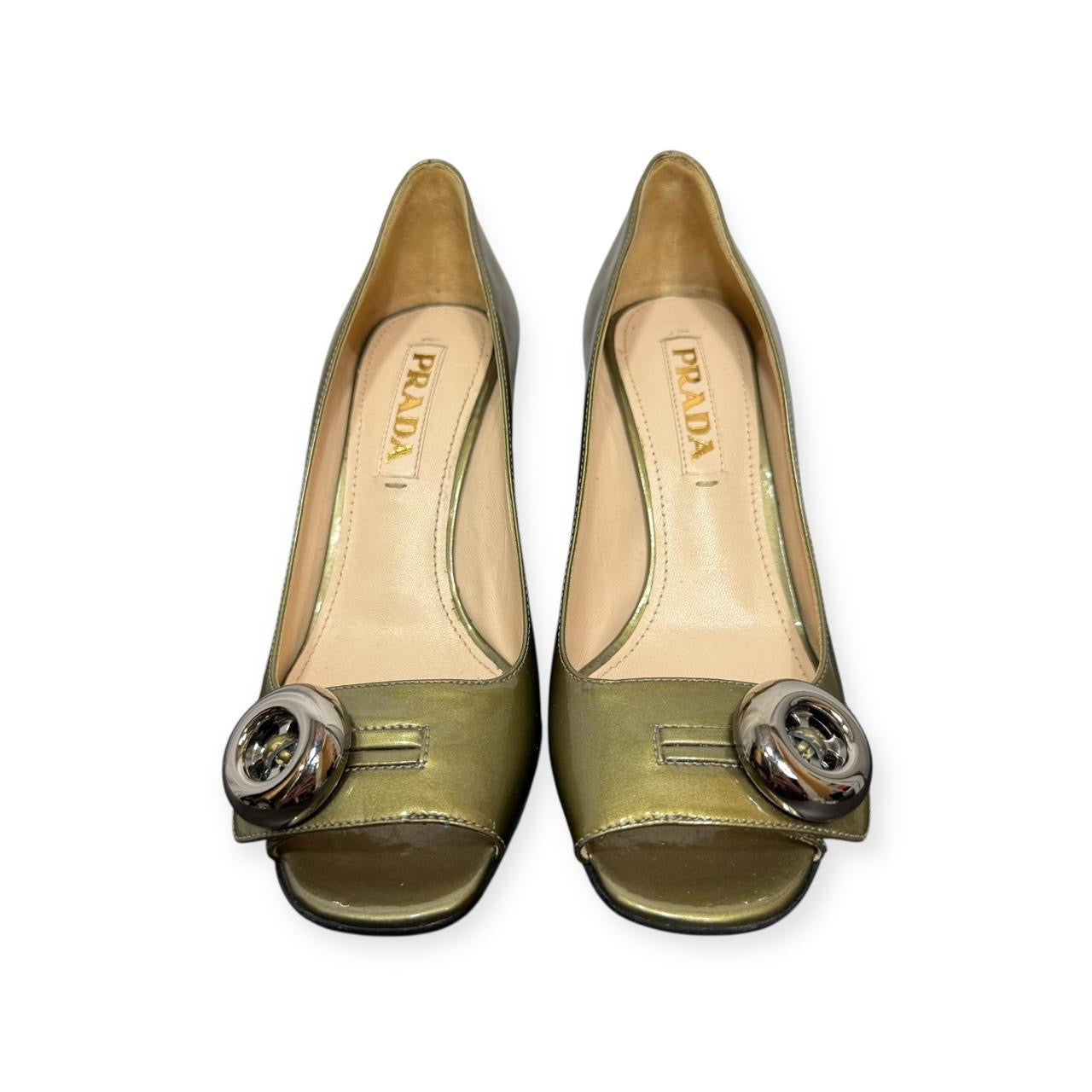 prada metallic green patent leather block heel button pumps