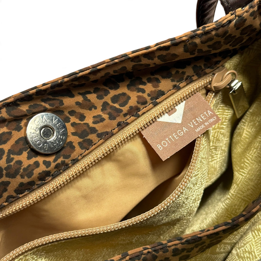 vintage bottega veneta leopard print canvas + leather shoulder bag