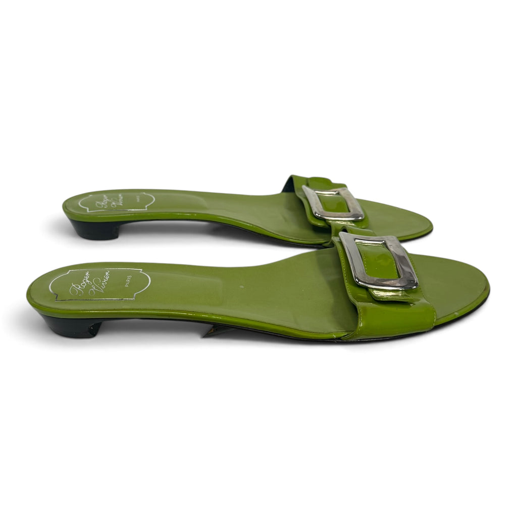 roger vivier green patent leather silver buckle slide sandals