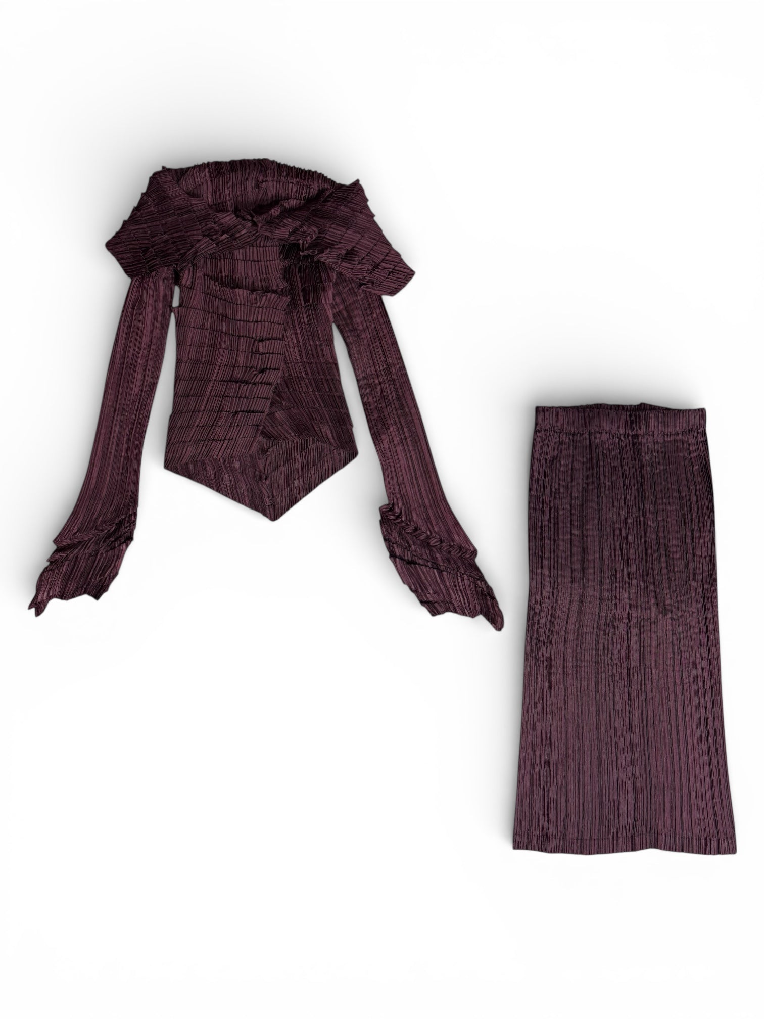 vintage issey miyake mainline sculptural accordion pleated top & skirt set in wine