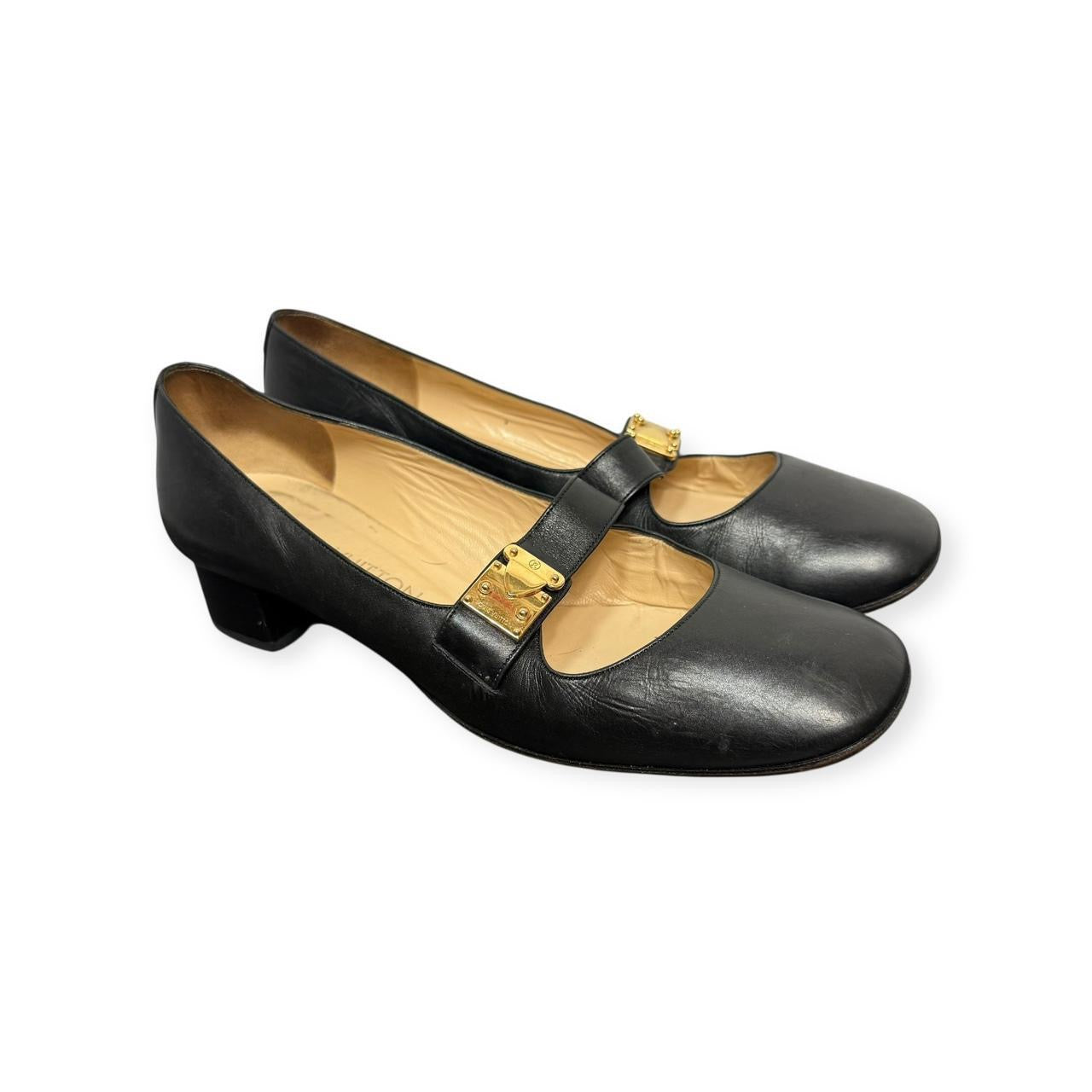 vintage louis vuitton black leather block heel mary janes