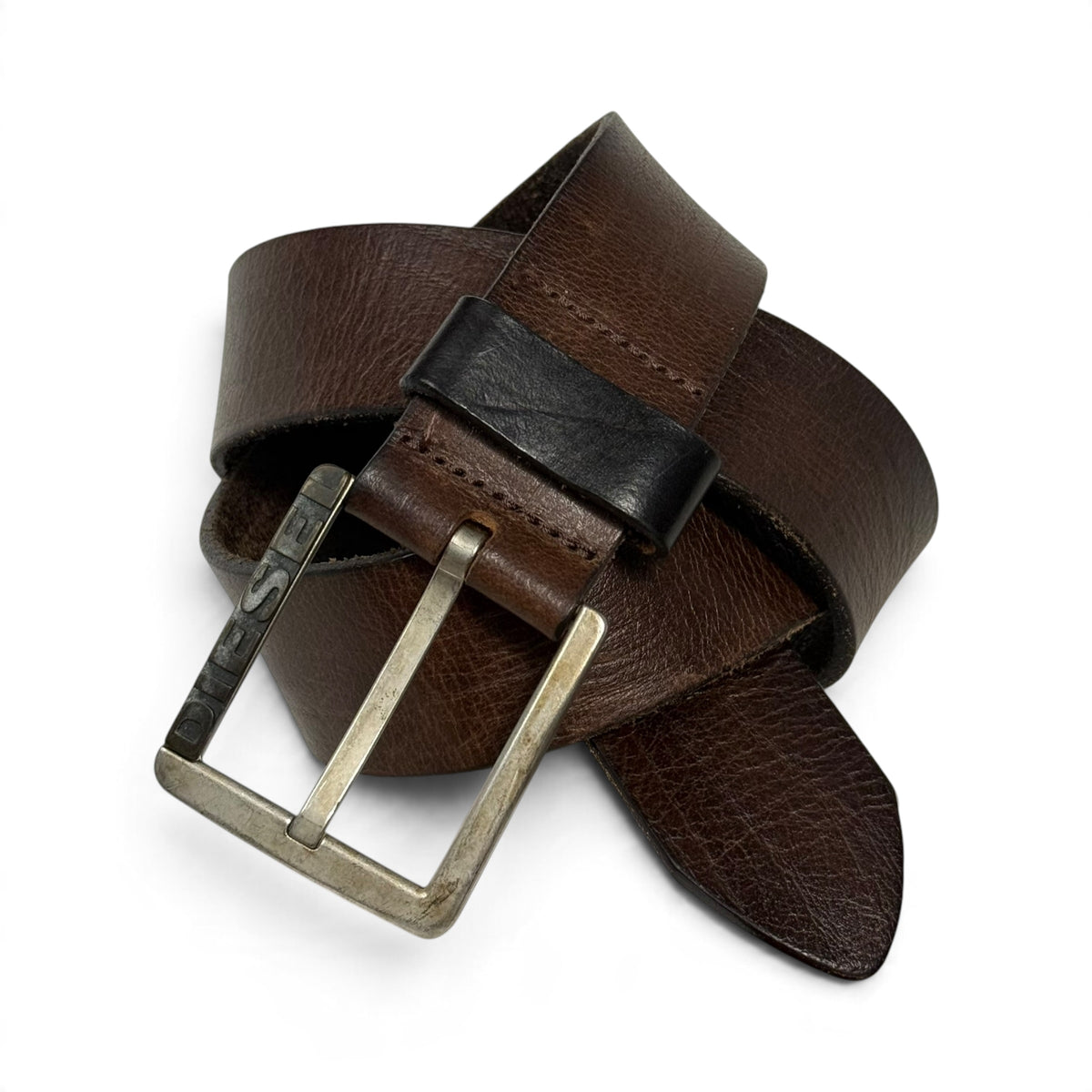 vintage diesel embossed metal logo buckle brown leather belt