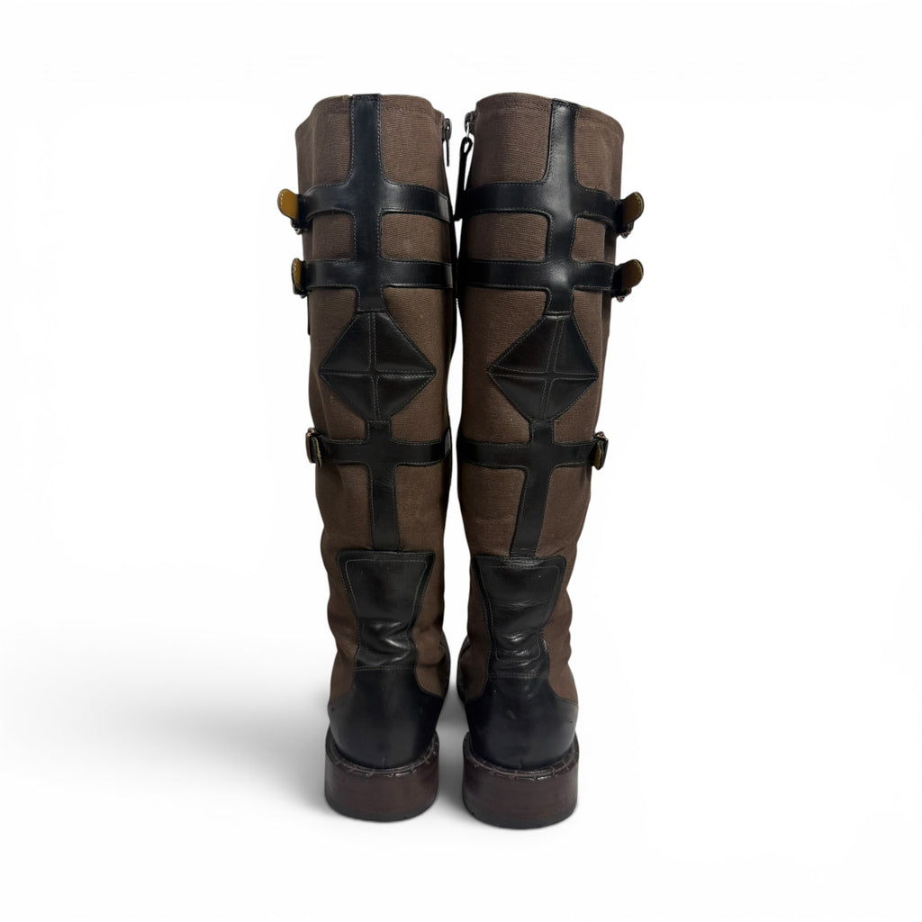 vintage goffredo fantini brown canvas + black leather multi buckle knee high moto boots
