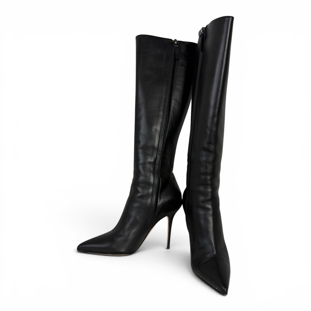 manolo blahnik takala black leather knee high boots with stitch detailing