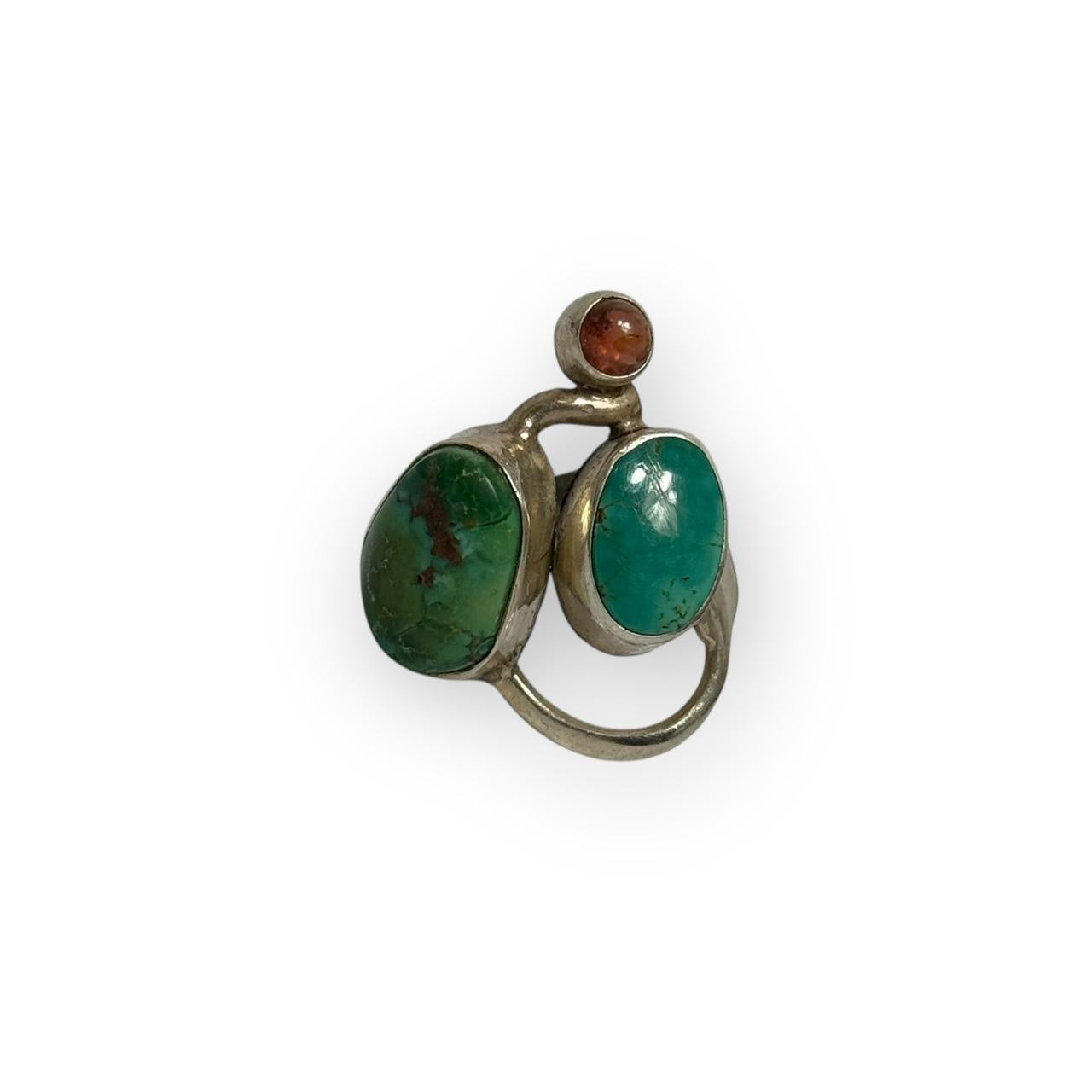 vintage artisanal sterling silver turquoise & garnet multi stone asymmetrical ring