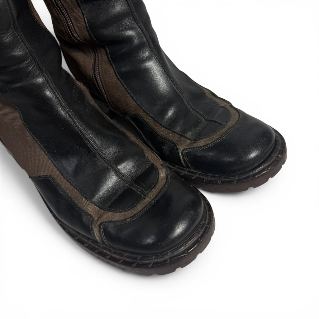 vintage goffredo fantini brown canvas + black leather multi buckle knee high moto boots