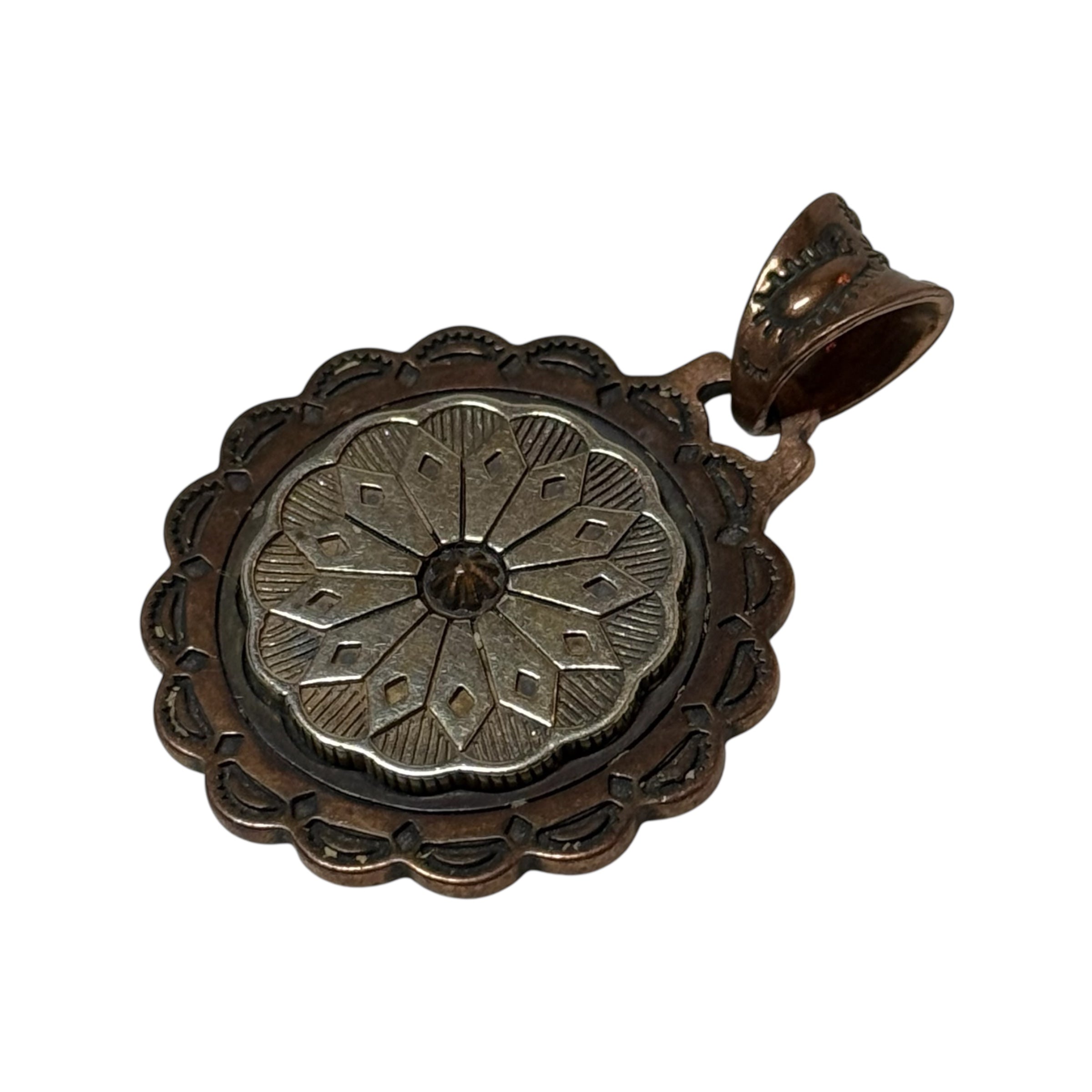 vintage navajo sterling silver & copper pendant signed kj wj