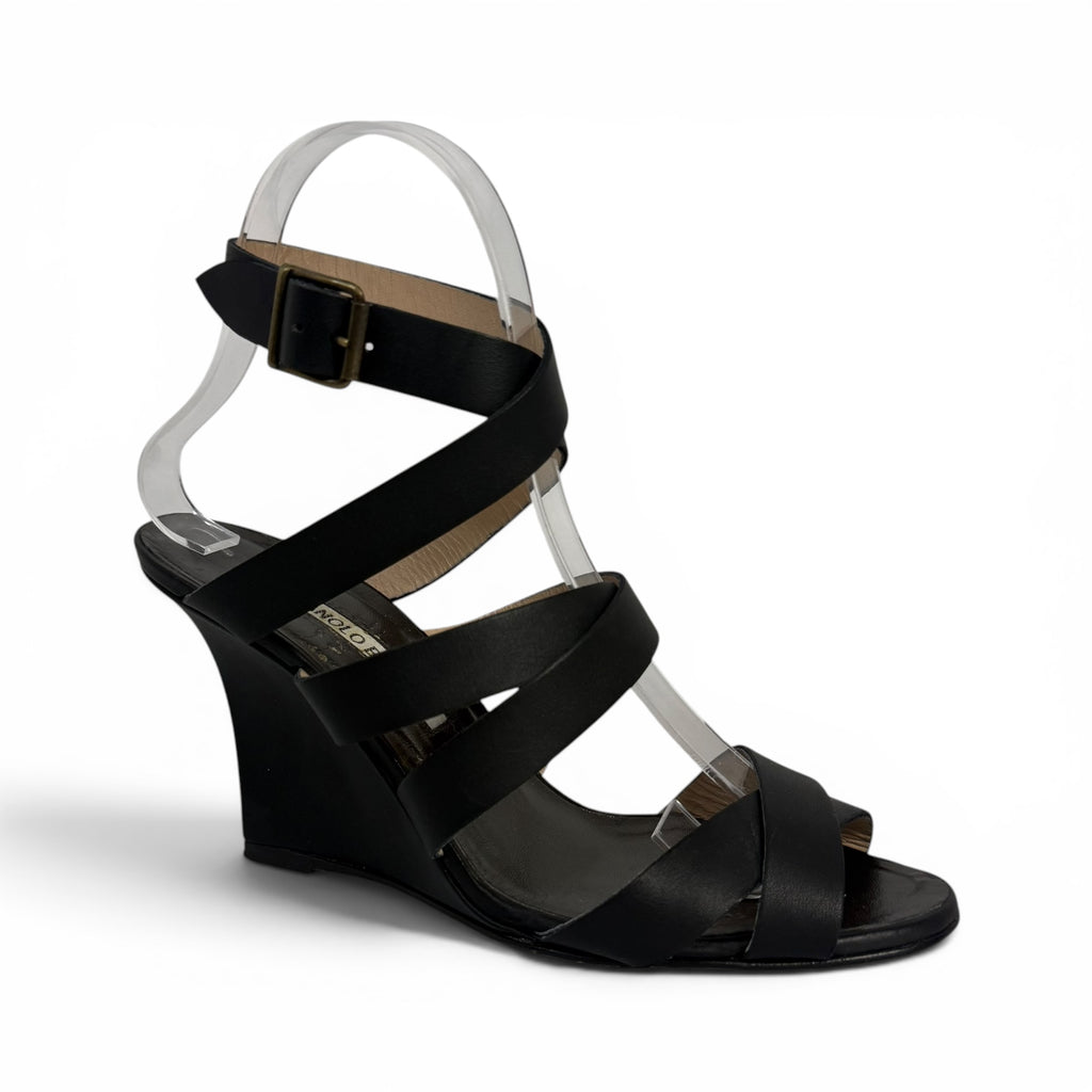 manolo blahnik black leather strappy wedge sandals