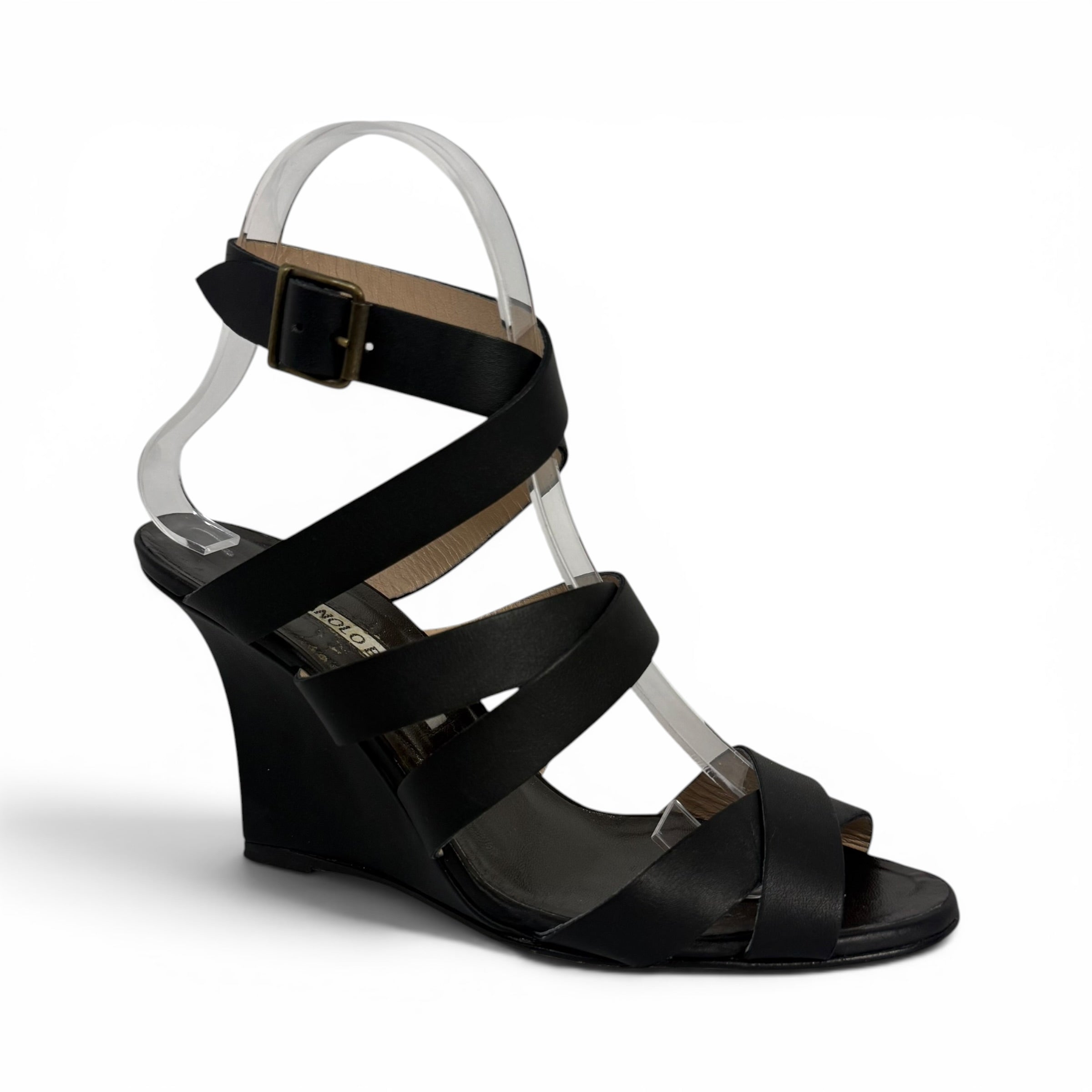 manolo blahnik black leather strappy wedge sandals