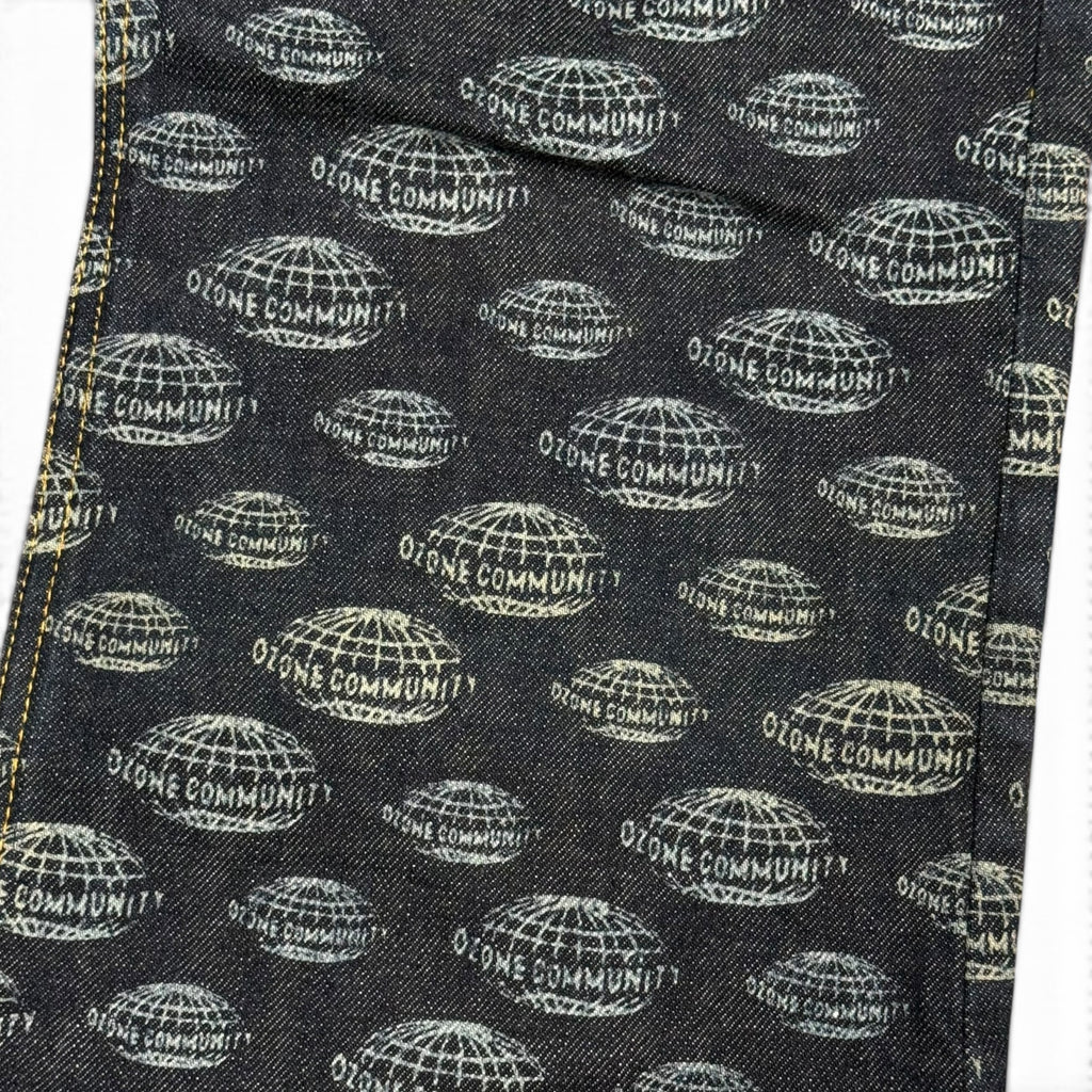 vintage ozone community all over print globe logo flared japanese denim