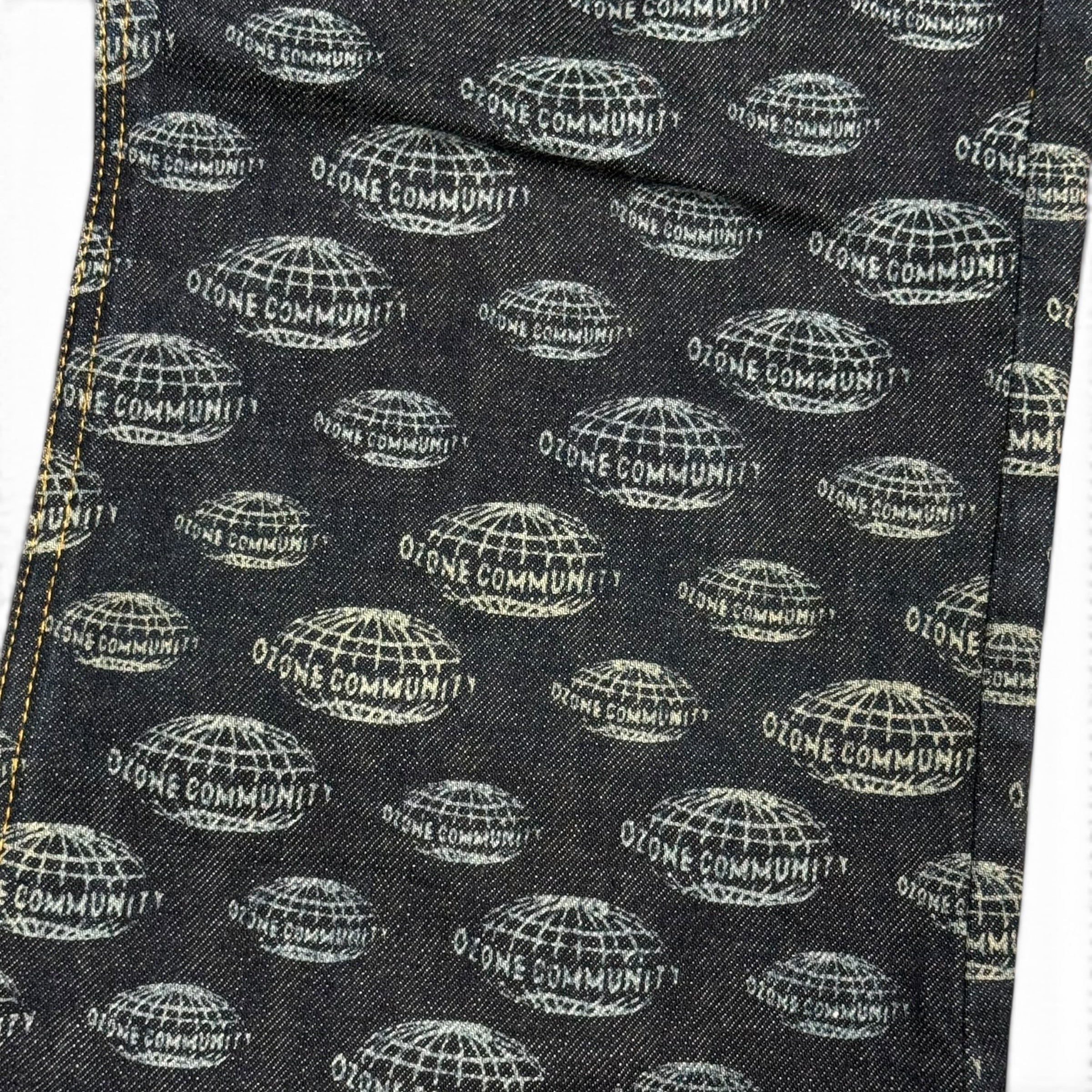 vintage ozone community all over print globe logo flared japanese denim