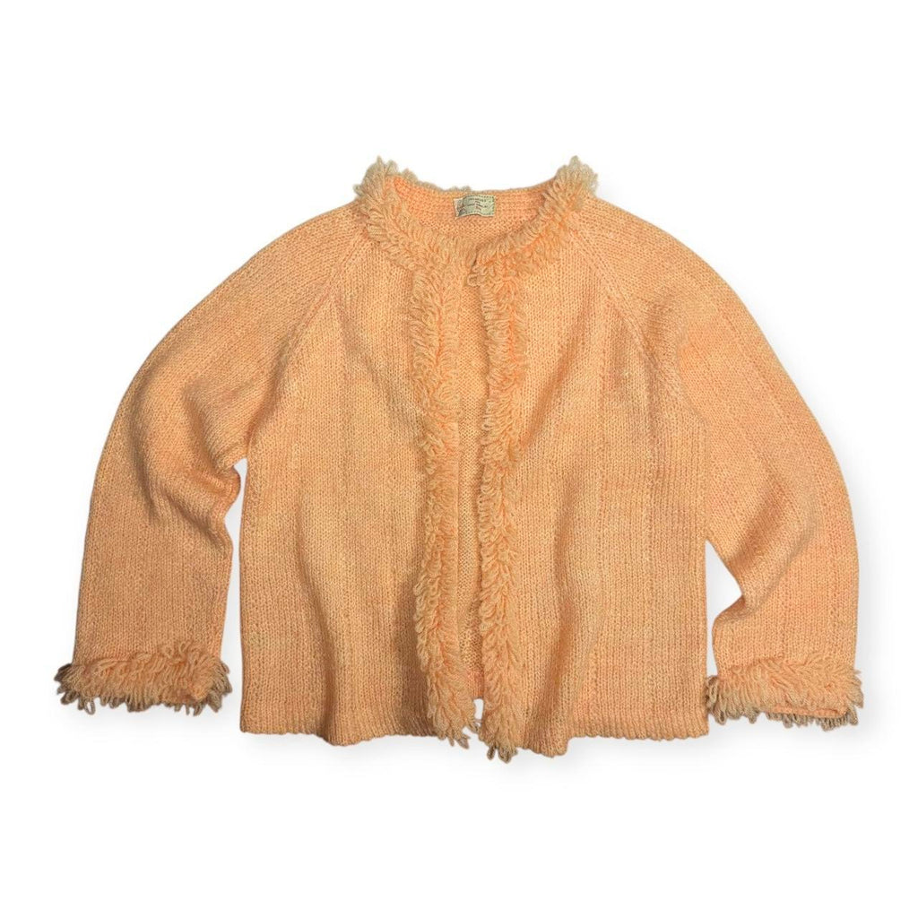 vintage 60s handmade shaggy loop stitch peach poodle knit cardigan