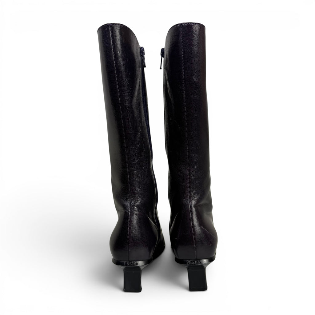 vintage prada square toe dark purple leather mid calf boots