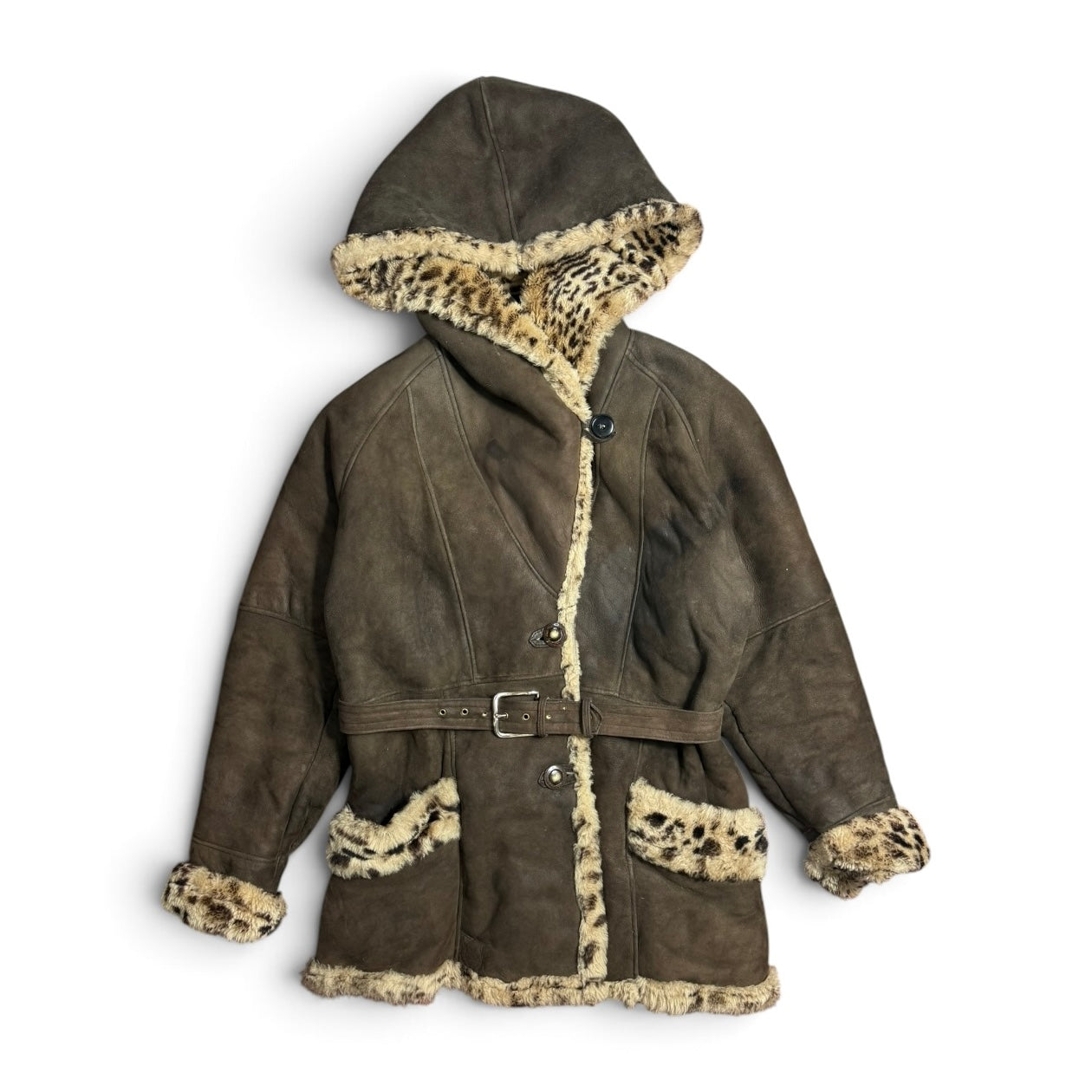 vintage delino sheepskin shearling hooded brown suede leopard fur lined coat