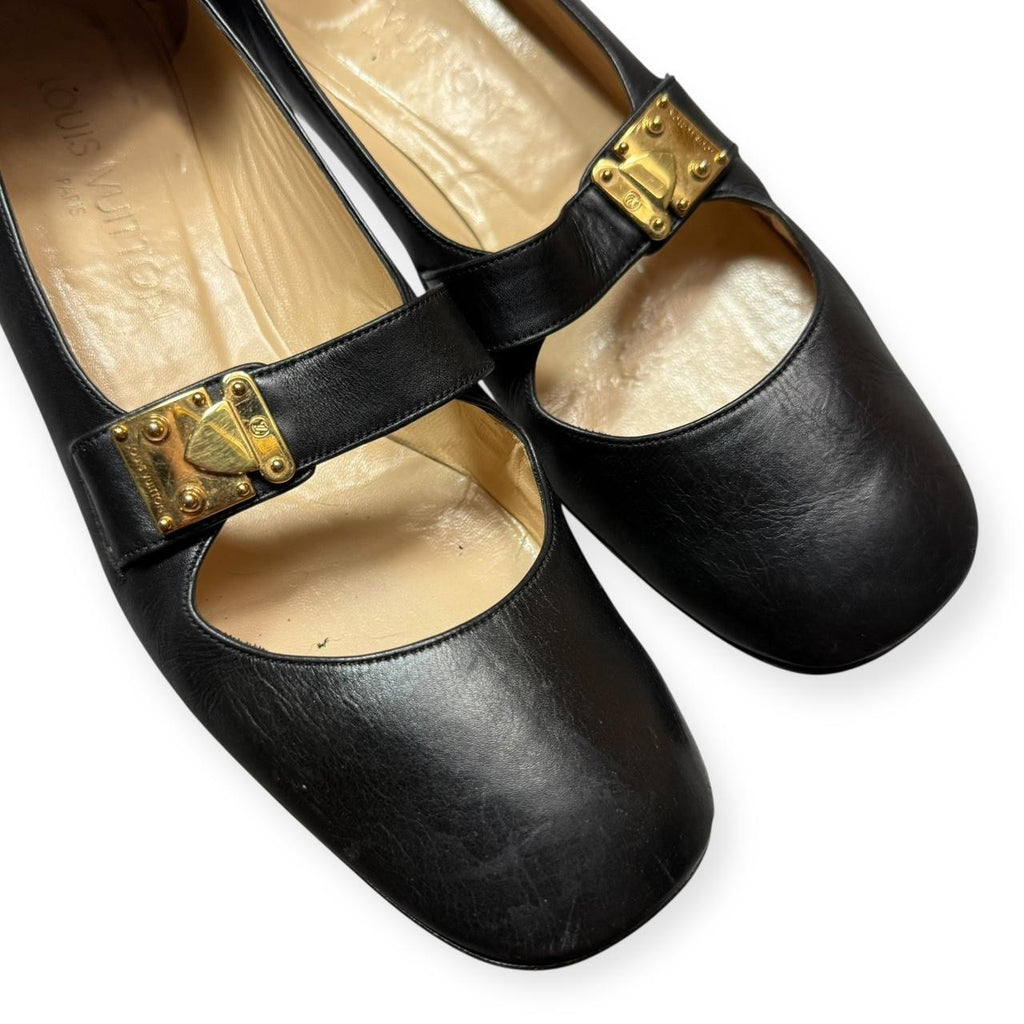 vintage louis vuitton black leather block heel mary janes