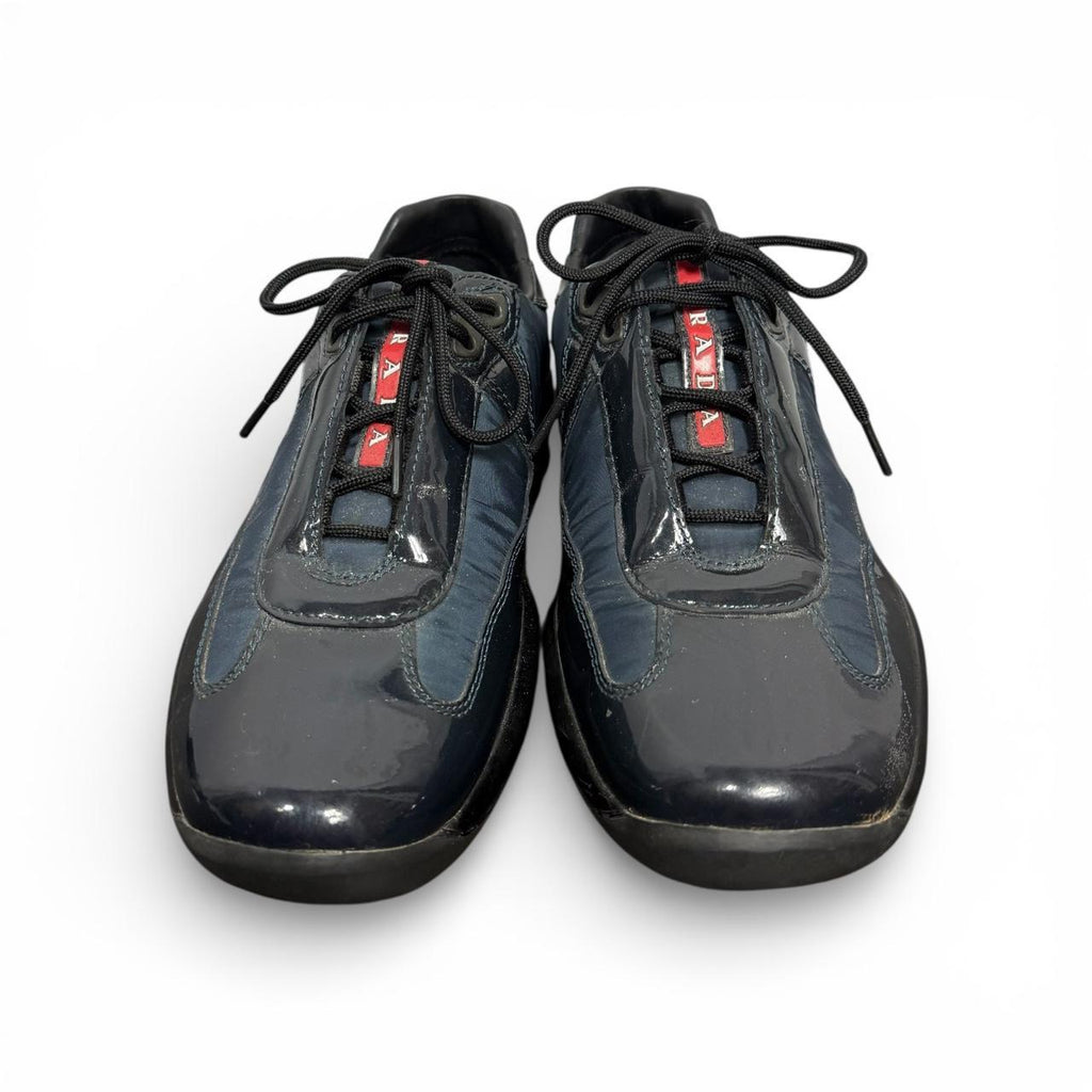 prada america’s cup navy blue patent leather sneakers